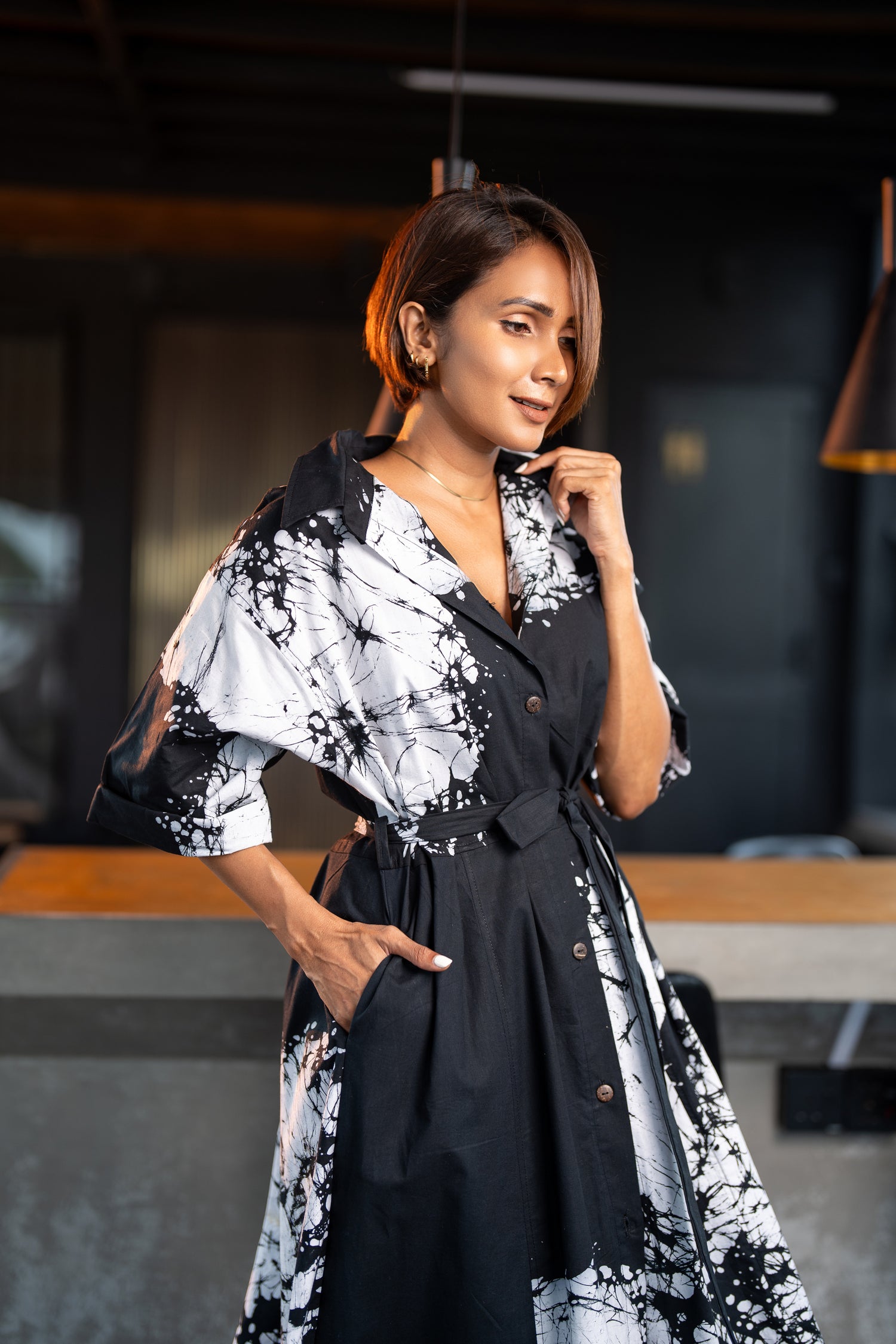 Petal Print Black Shirt Dress