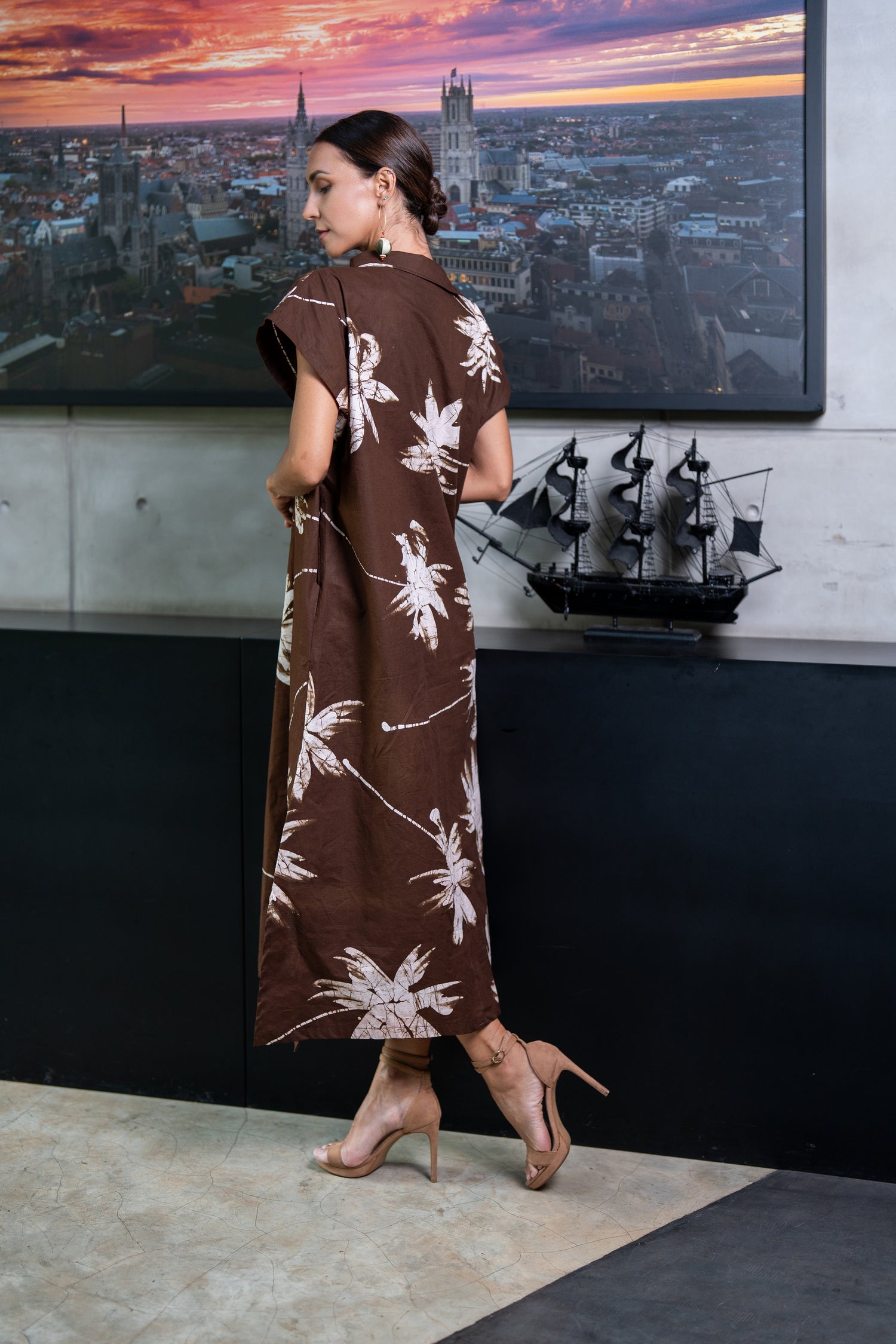 Brown Coconut Trees Mid Dress
