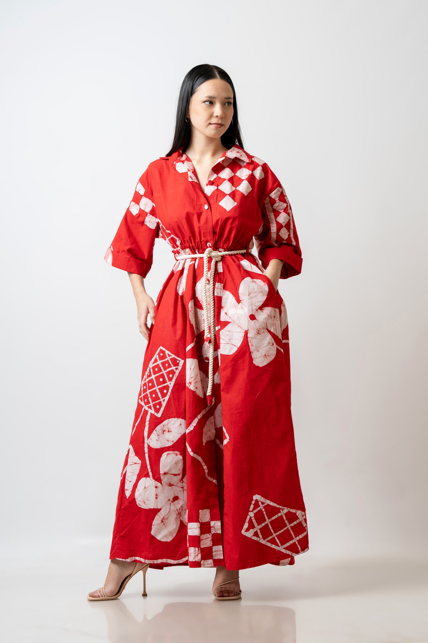 Azure Bloom Red Shirt Dress