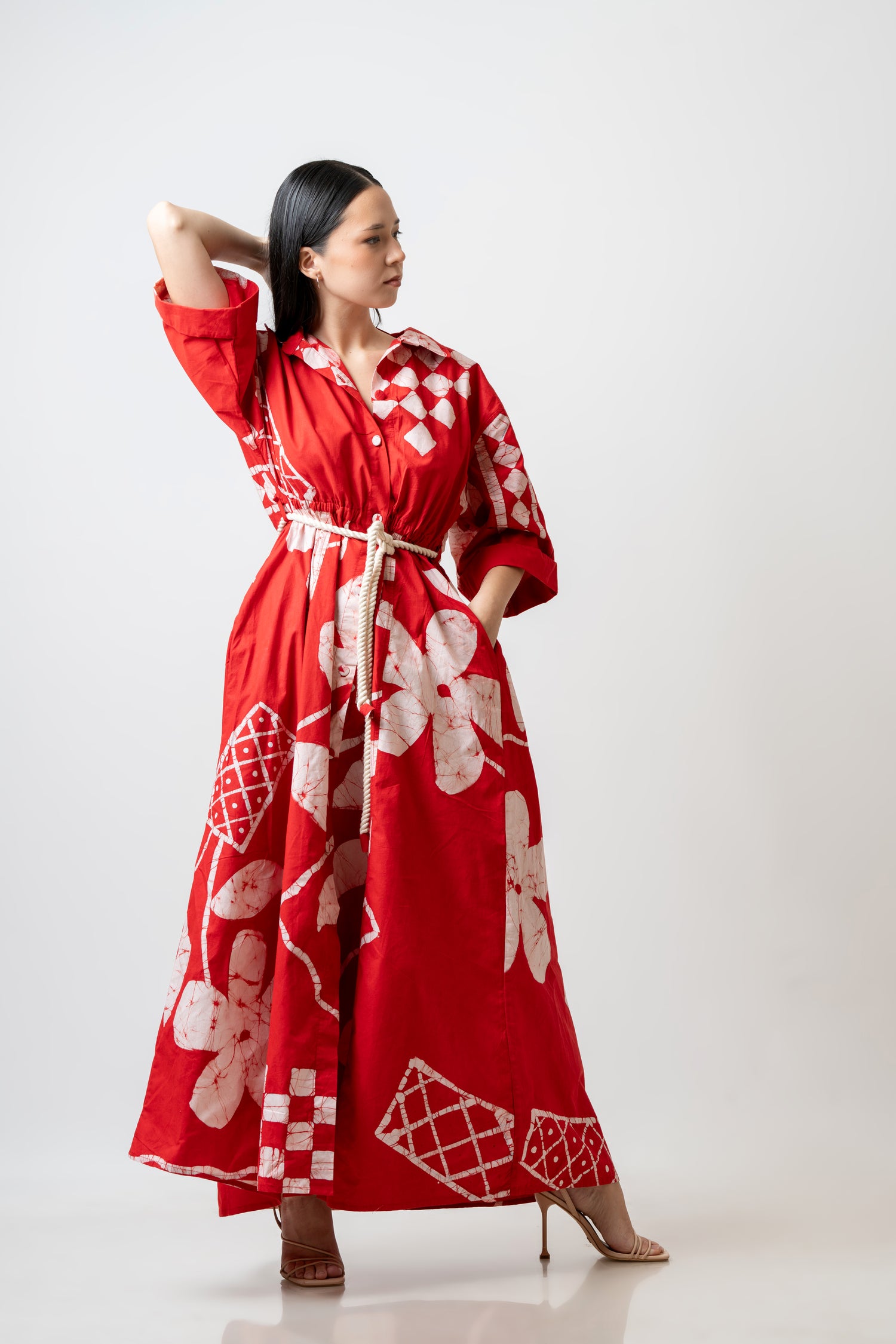 Azure Bloom Red Shirt Dress