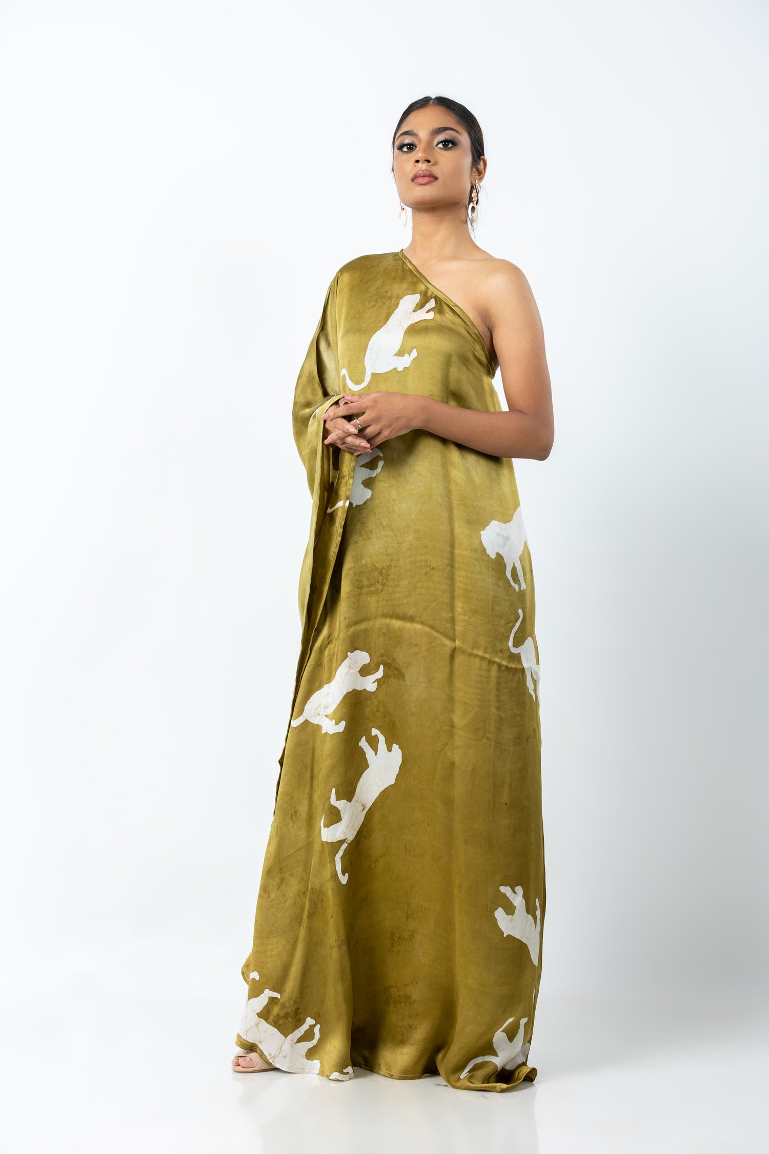 Panther Noir One Shoulder Khaki Kaftan