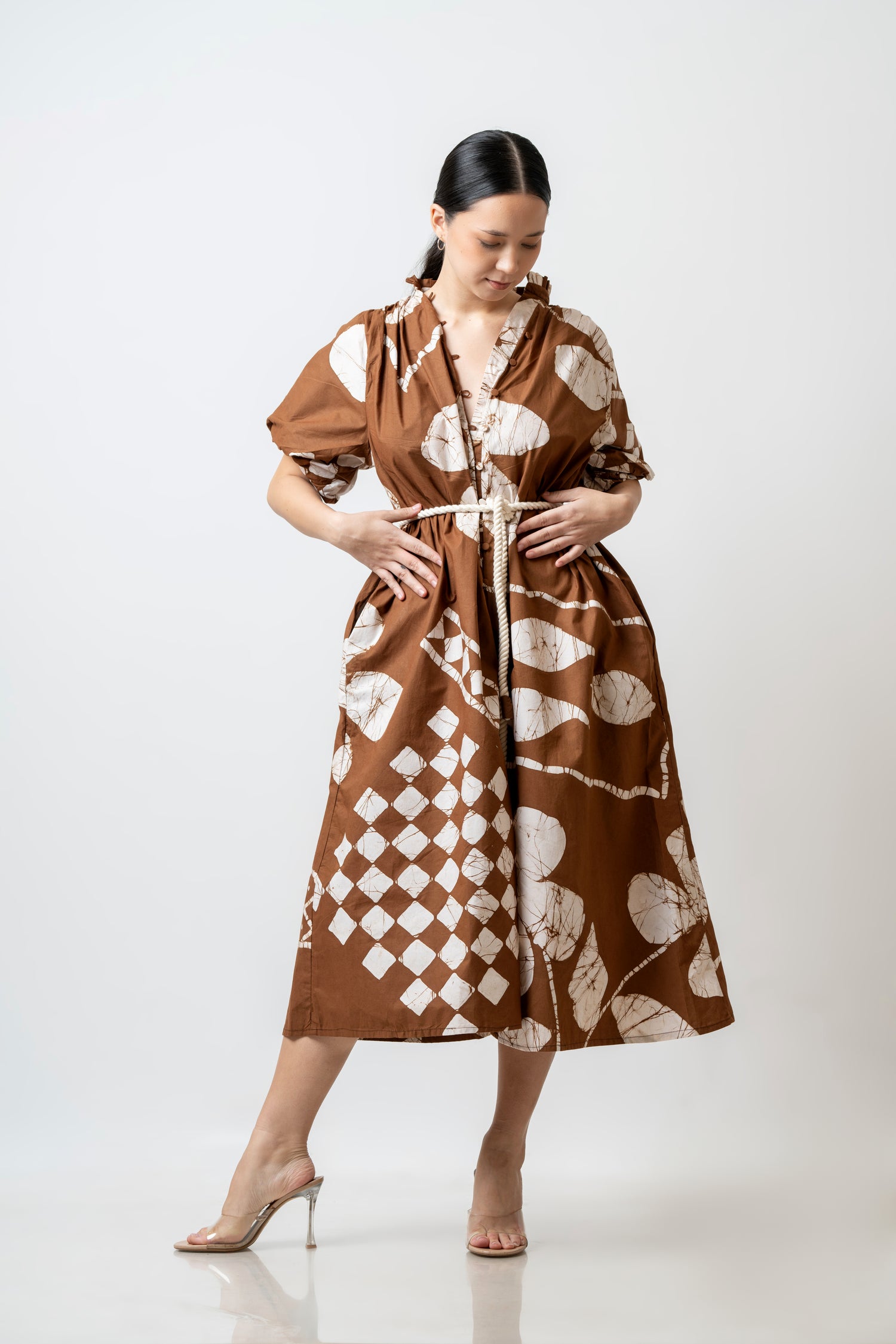 Brown Puff Grace Midi Dress