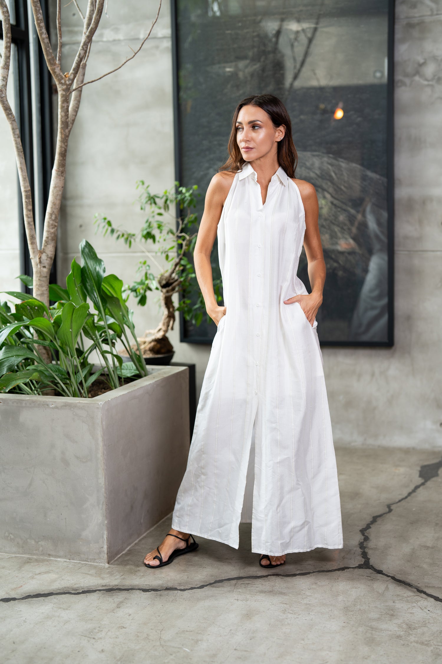 Ivory Drift – White Handloom Long Dress