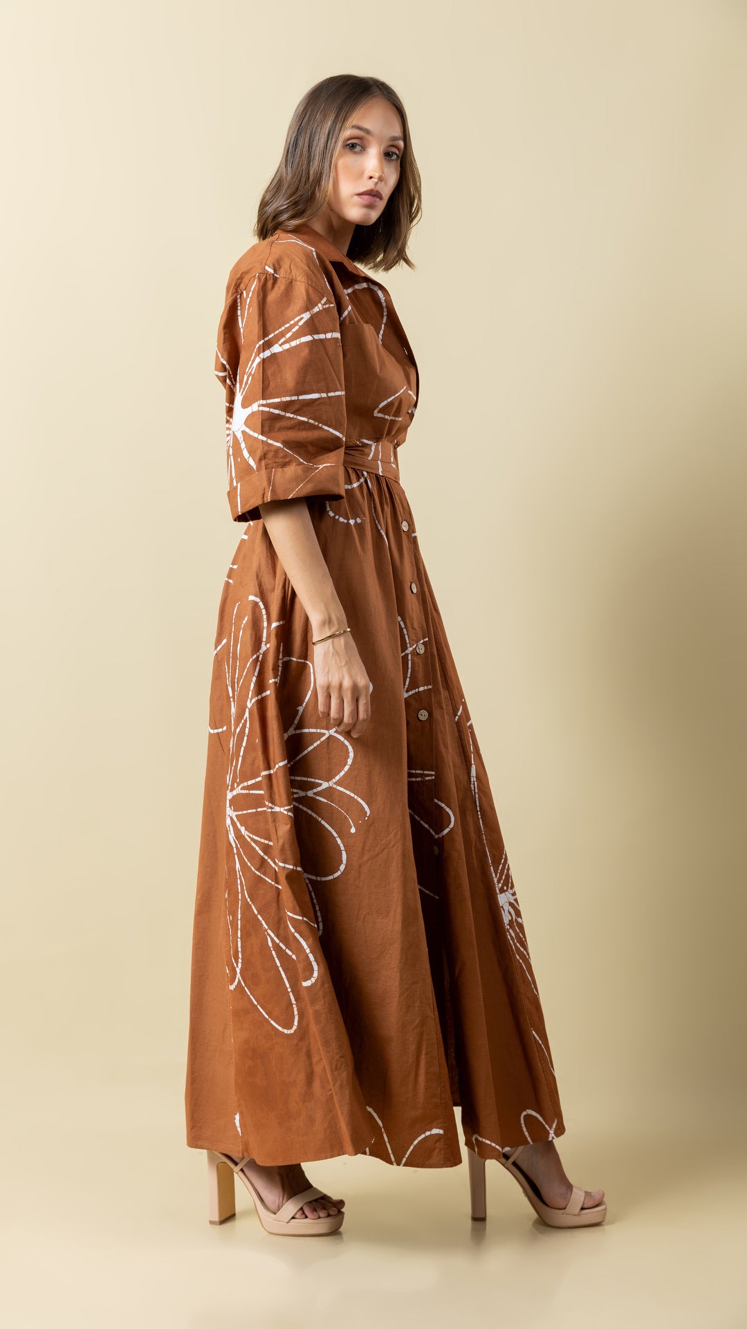 Cotton Breeze: Brown Short Sleeve Long Dress