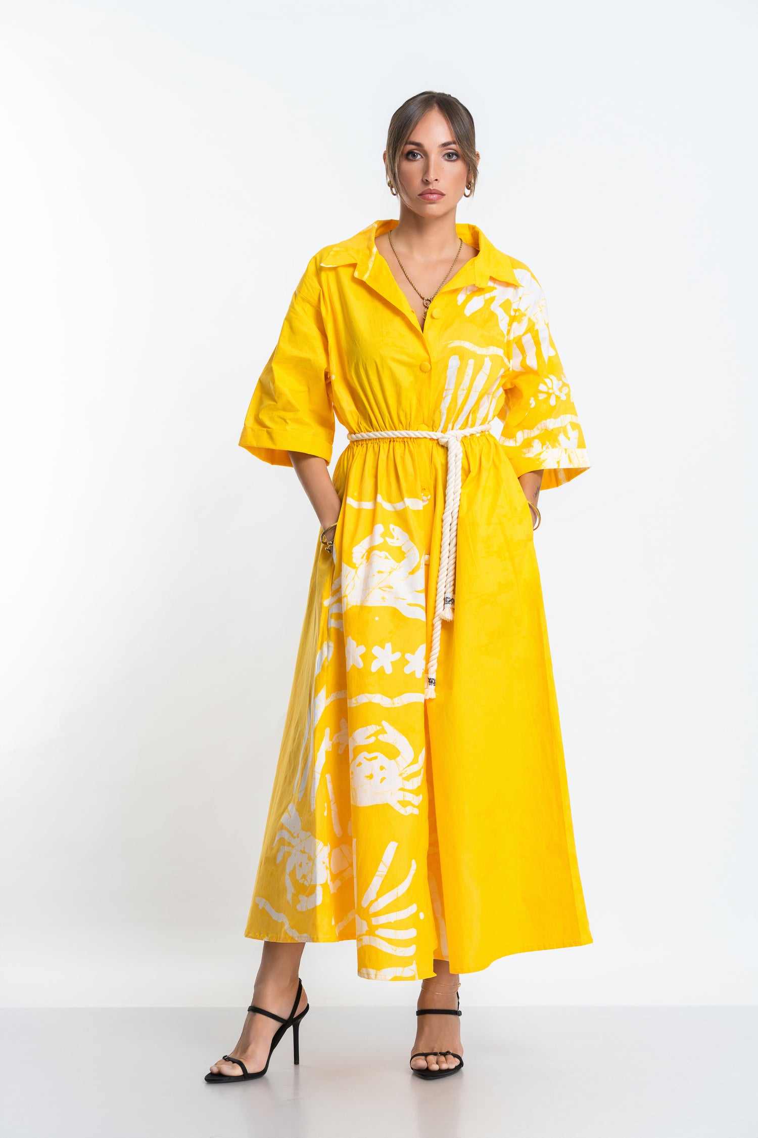 Crab Shore Yellow Long Shirt Dress