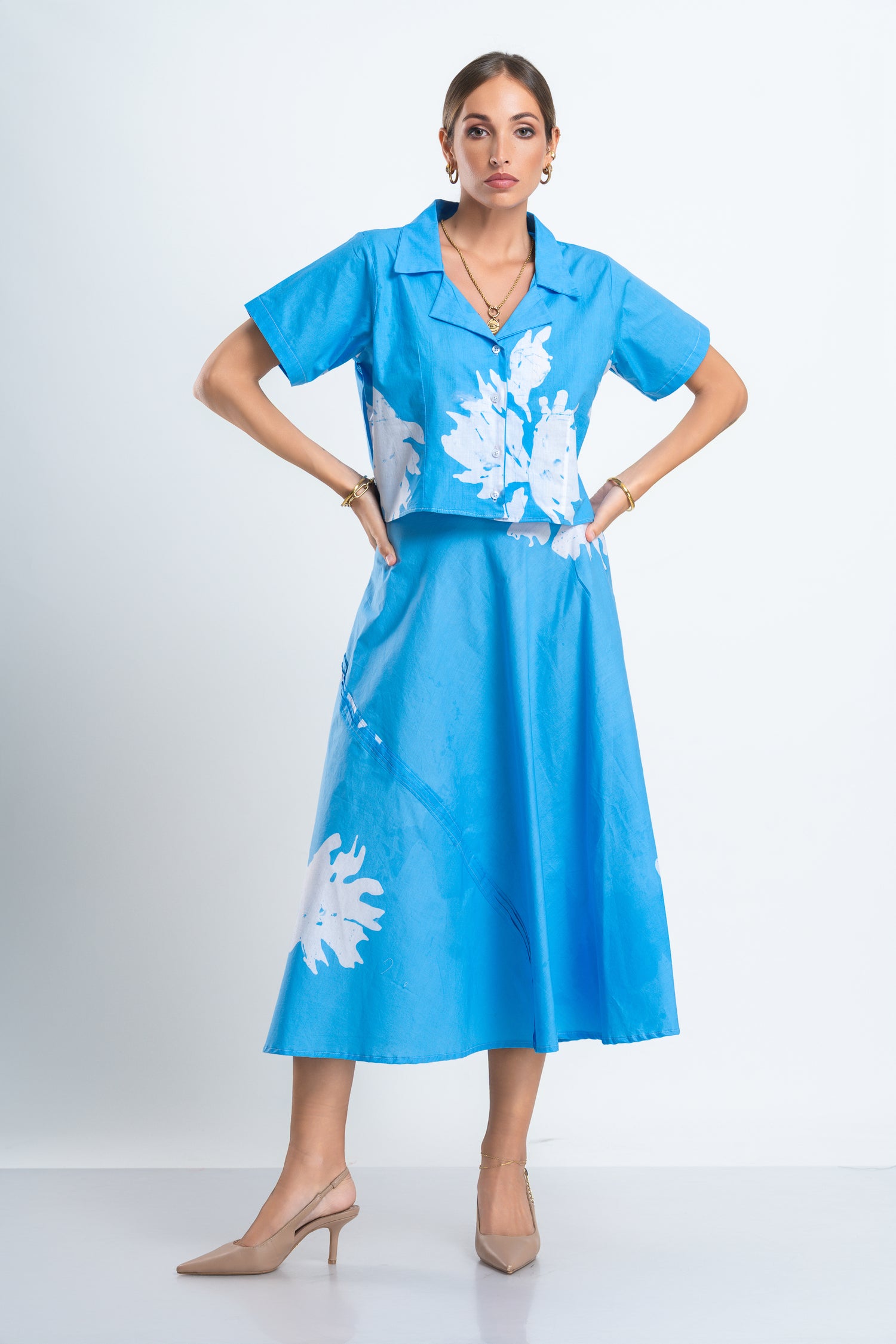 Blue Roses Set – Flared Pastel Blue Skirt & Fitted Shirt Co-Ord