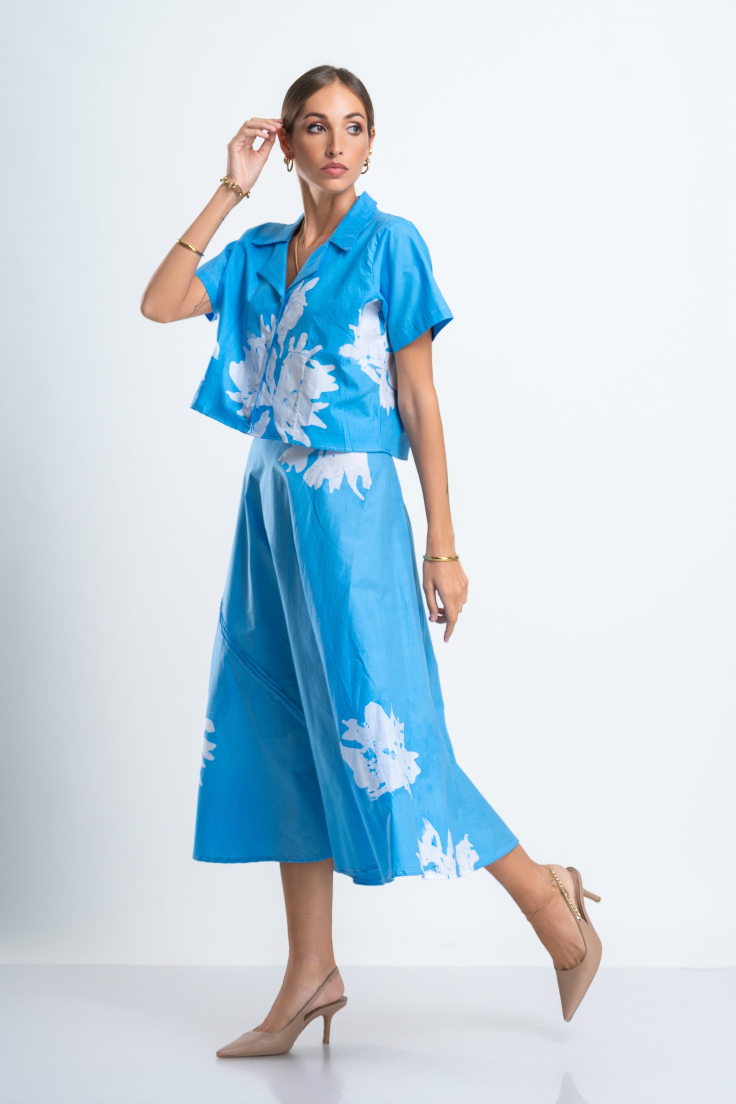 Blue Roses Set – Flared Pastel Blue Skirt & Fitted Shirt Co-Ord