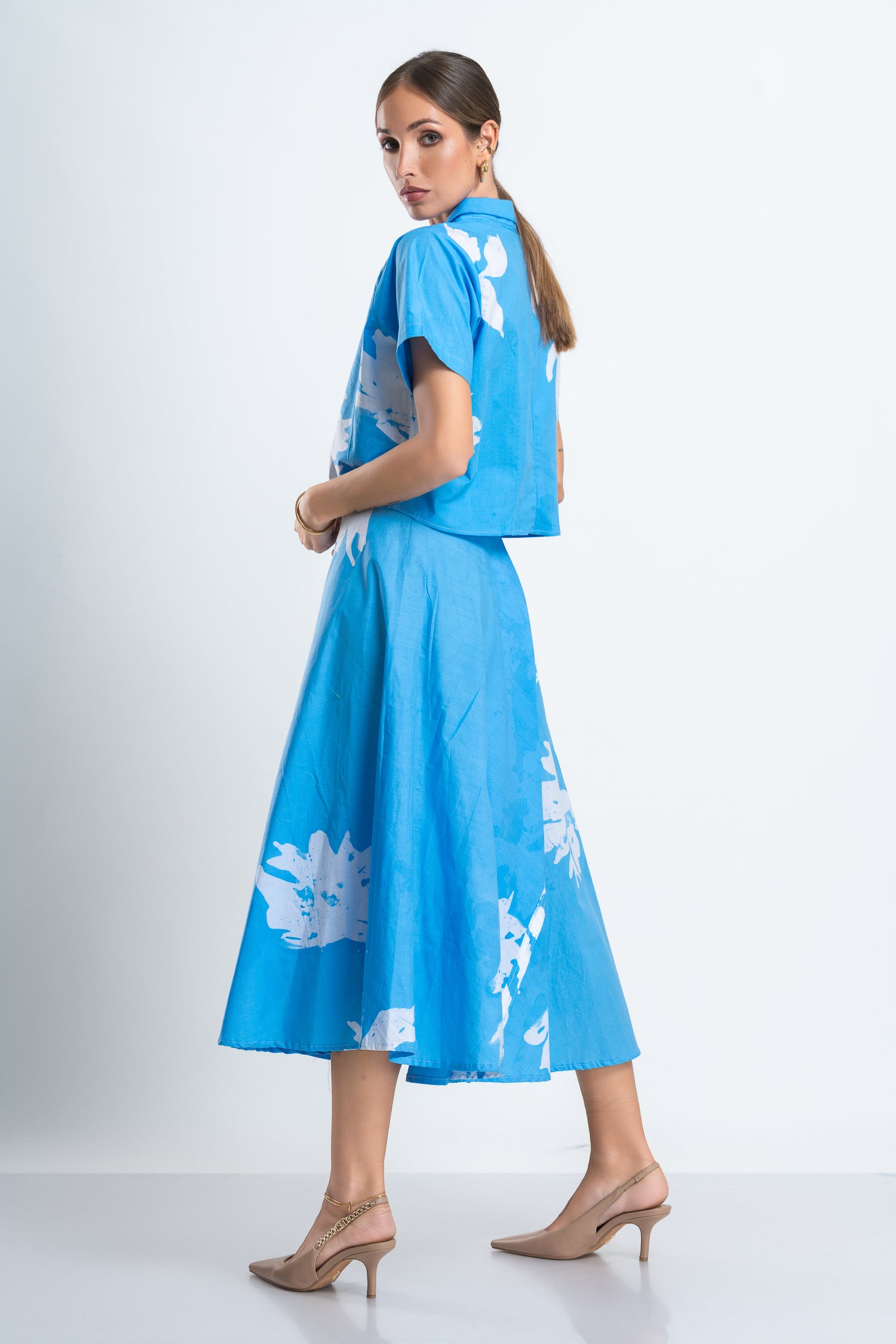 Blue Roses Set – Flared Pastel Blue Skirt & Fitted Shirt Co-Ord