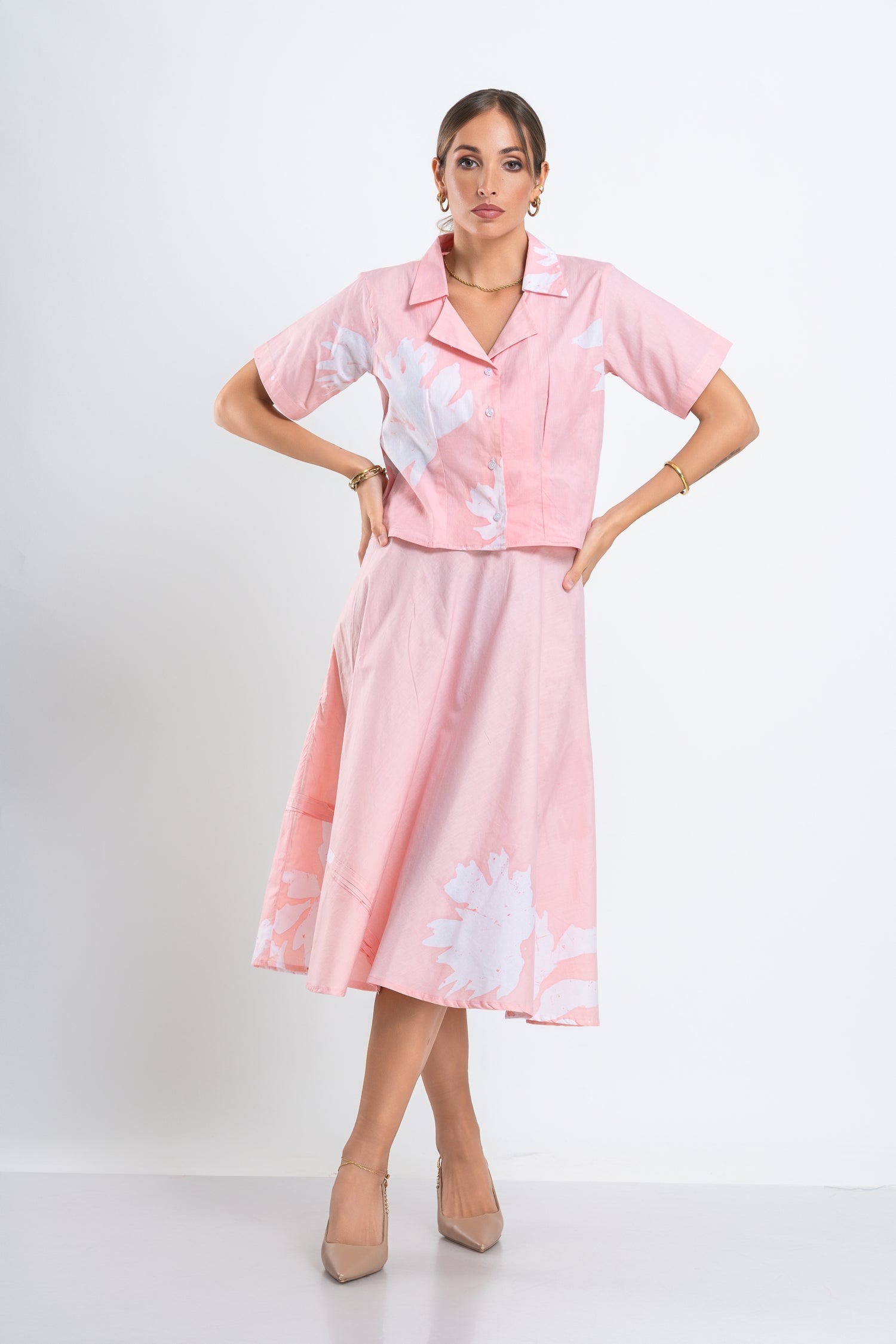 Blush Roses Set – Flared Pastel Pink Skirt & Fitted Shirt Co-Ord