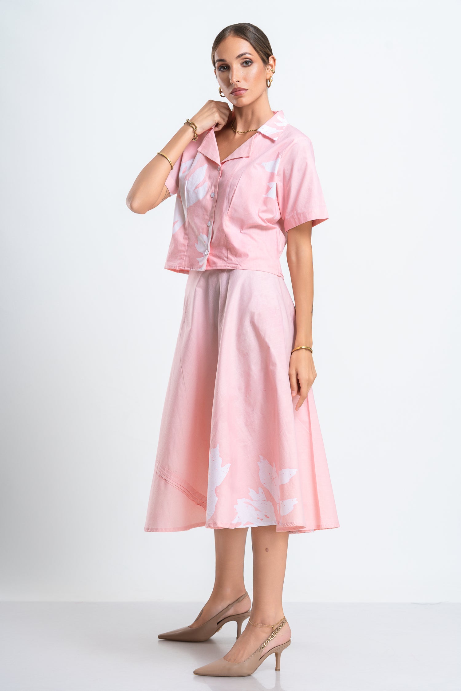 Blush Roses Set – Flared Pastel Pink Skirt & Fitted Shirt Co-Ord