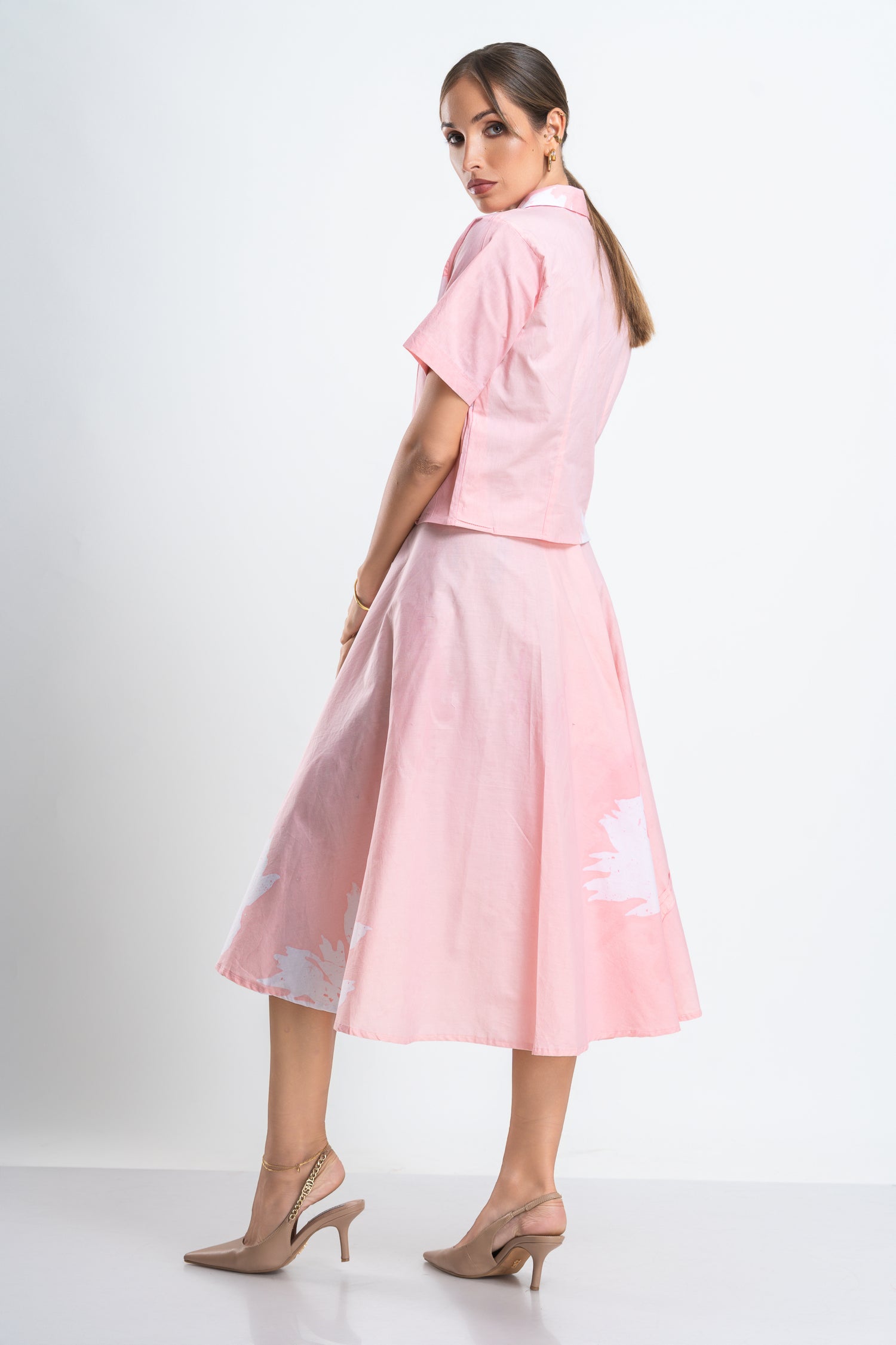 Blush Roses Set – Flared Pastel Pink Skirt & Fitted Shirt Co-Ord