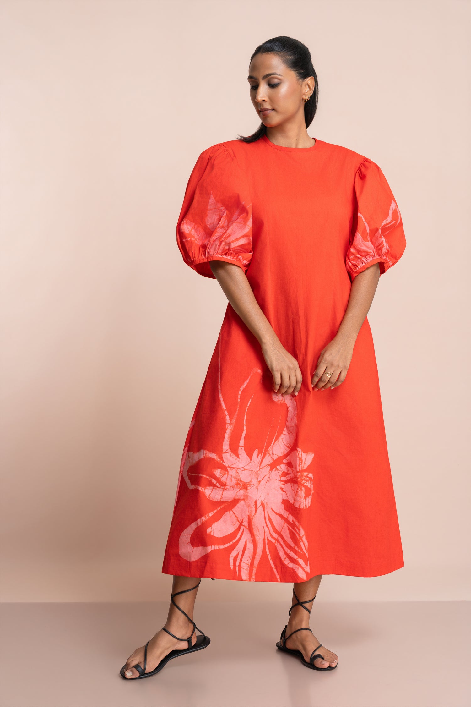 Crimson Bloom Puff Sleeve Dress