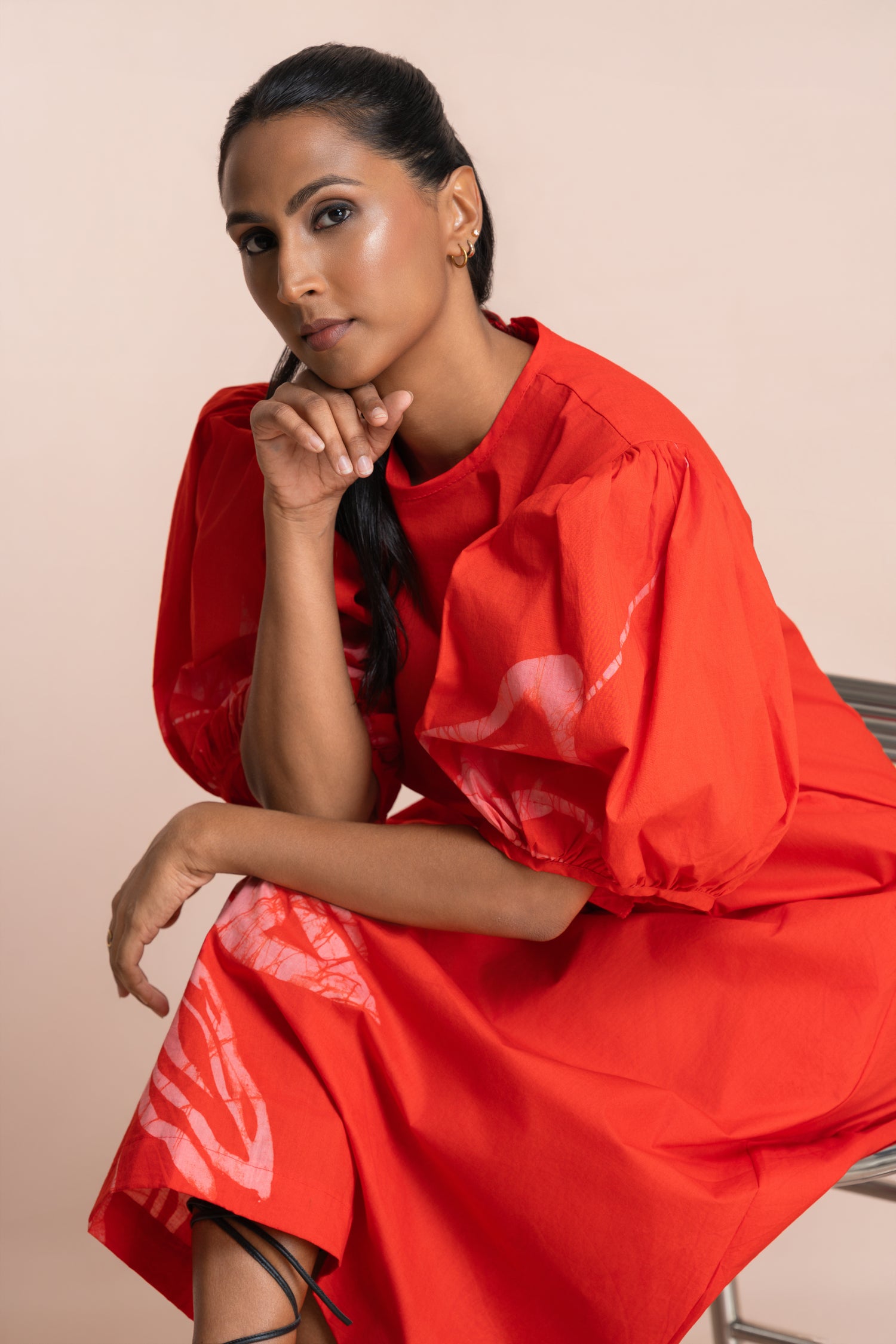 Crimson Bloom Puff Sleeve Dress