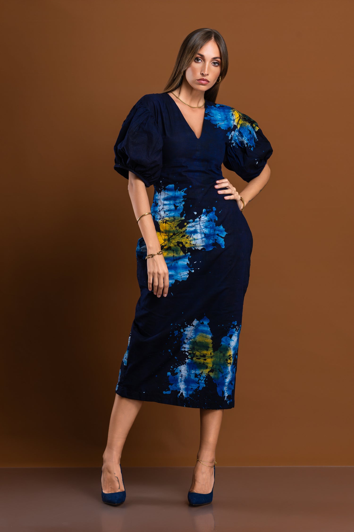 Celestial Bloom Dress – Blue Abstract Floral Pencil Dress with Puff Sleeves
