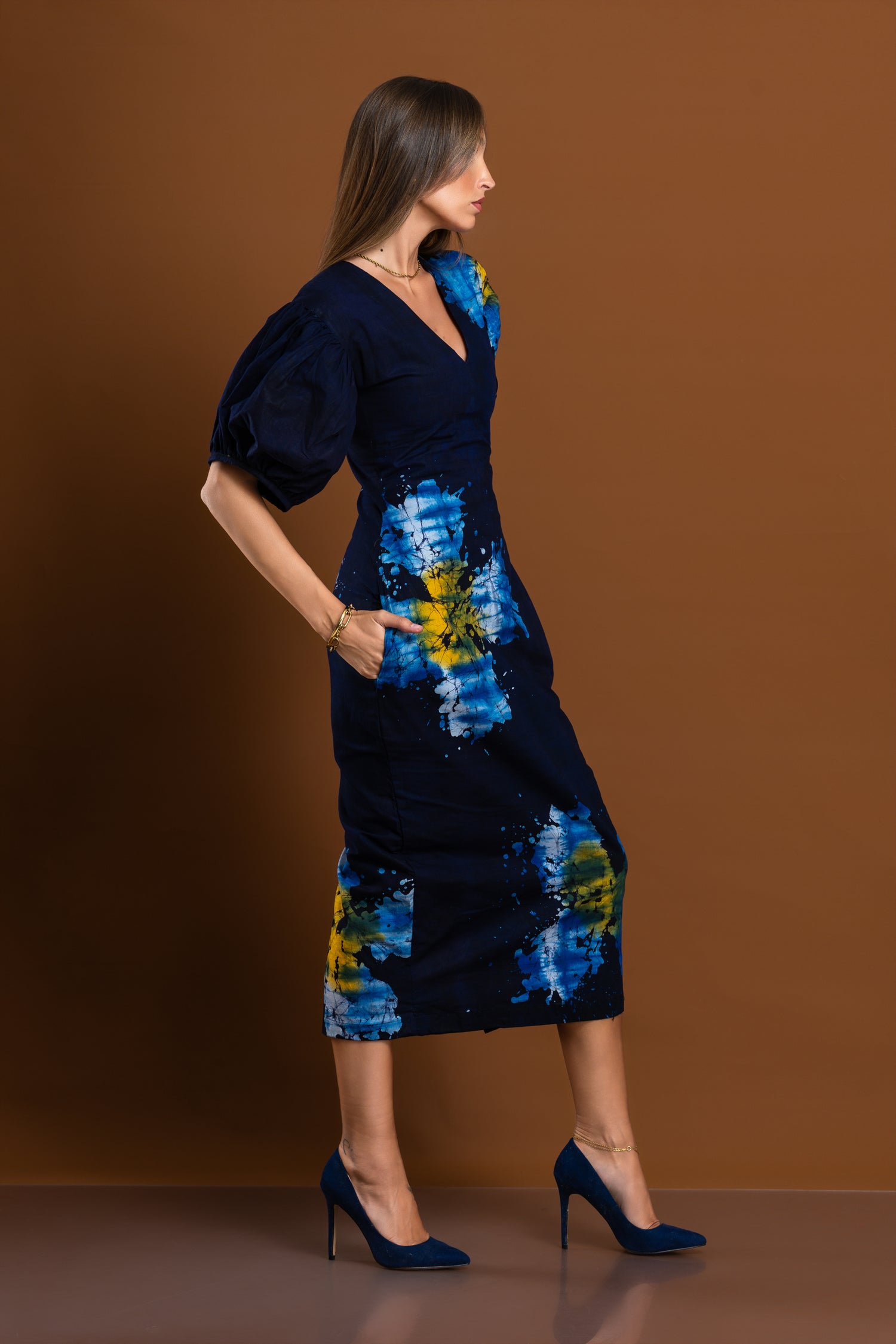 Celestial Bloom Dress – Blue Abstract Floral Pencil Dress with Puff Sleeves