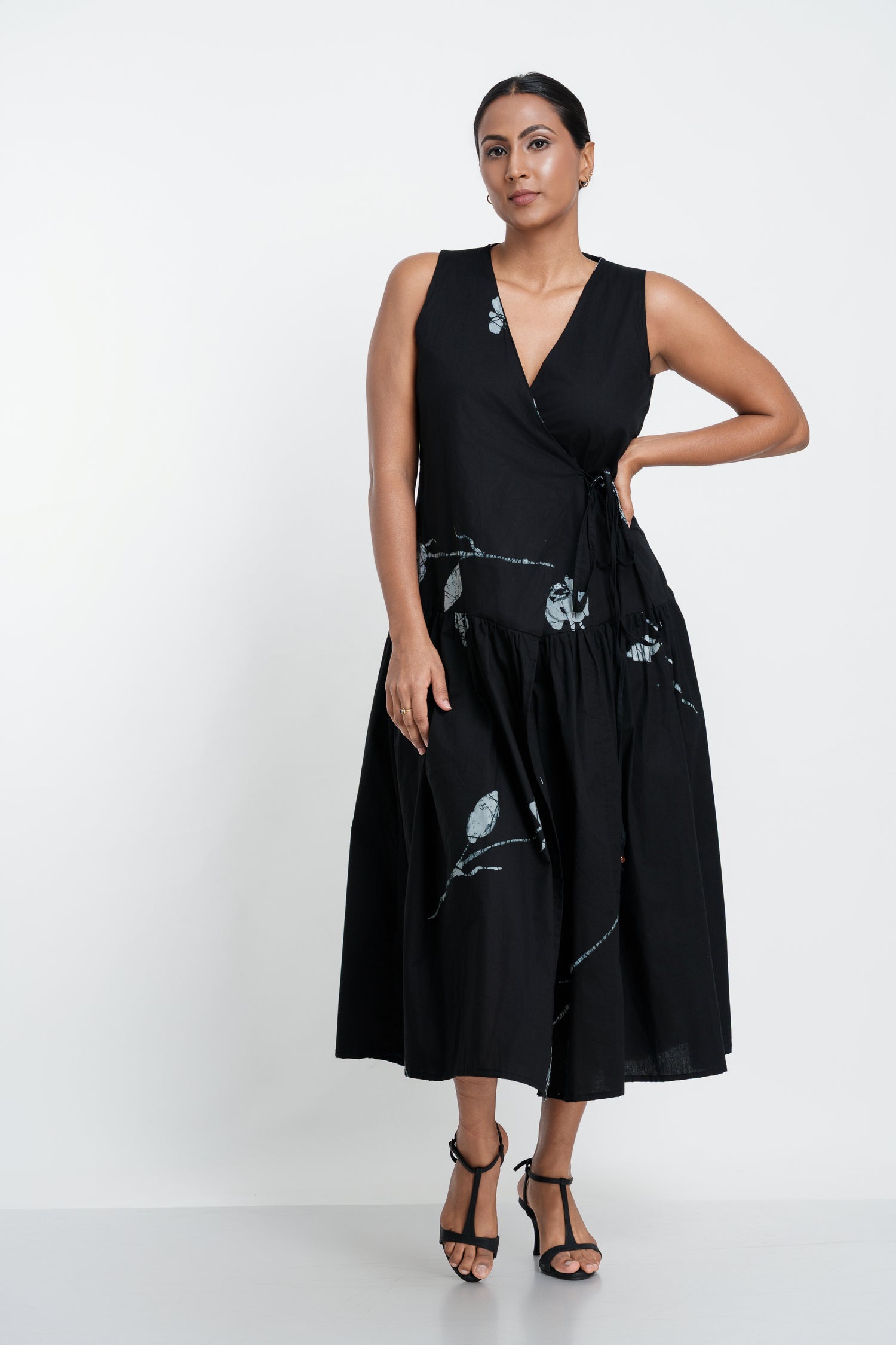 Black Roses Wrap Midi Dress