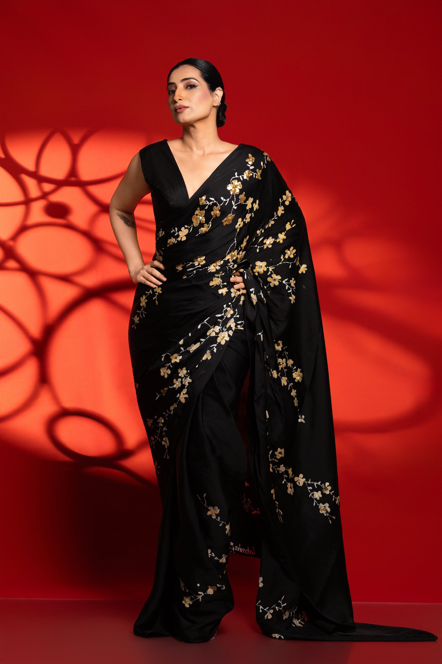 Vanya – Black & Gold Small Floral Saree with Fall Sequins