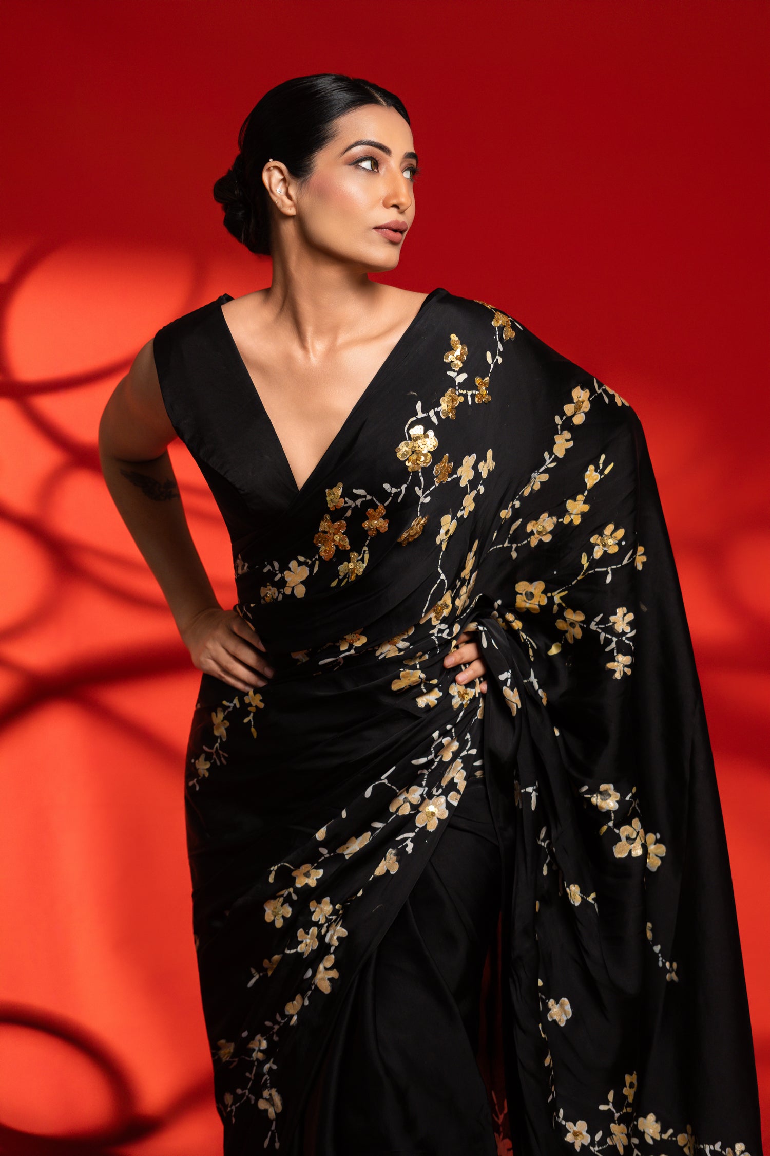 Vanya – Black & Gold Small Floral Saree with Fall Sequins