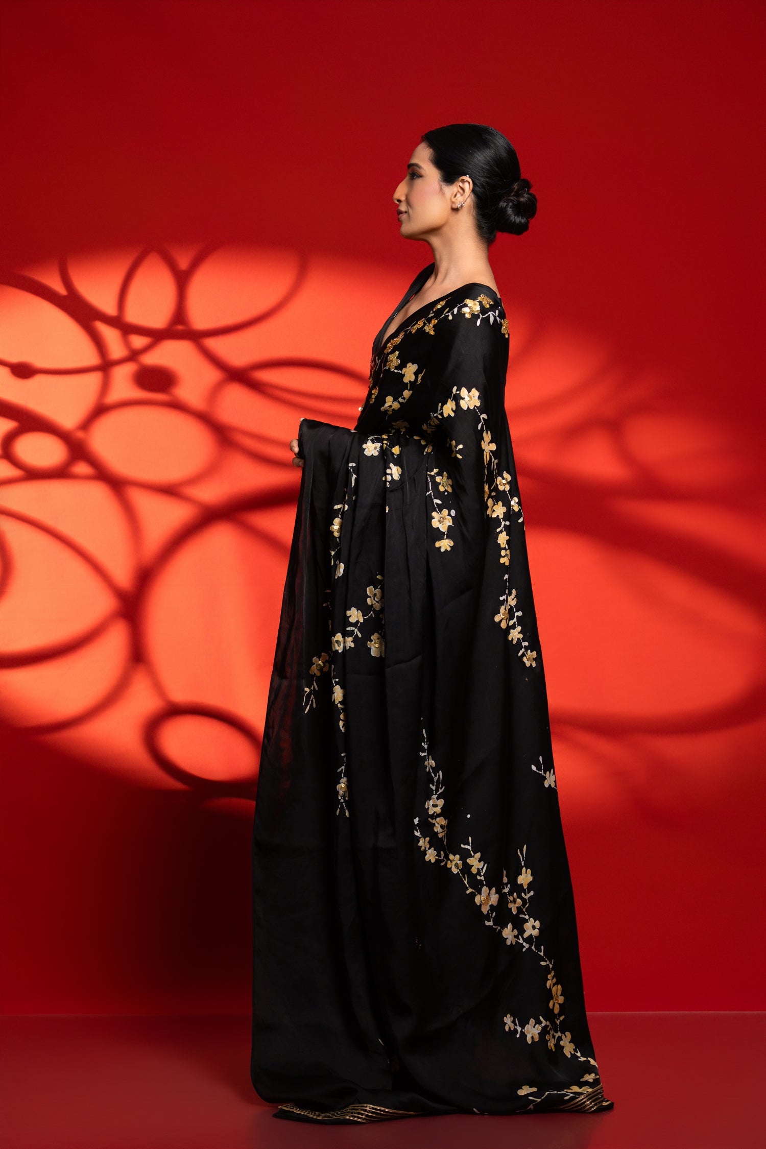 Vanya – Black & Gold Small Floral Saree with Fall Sequins