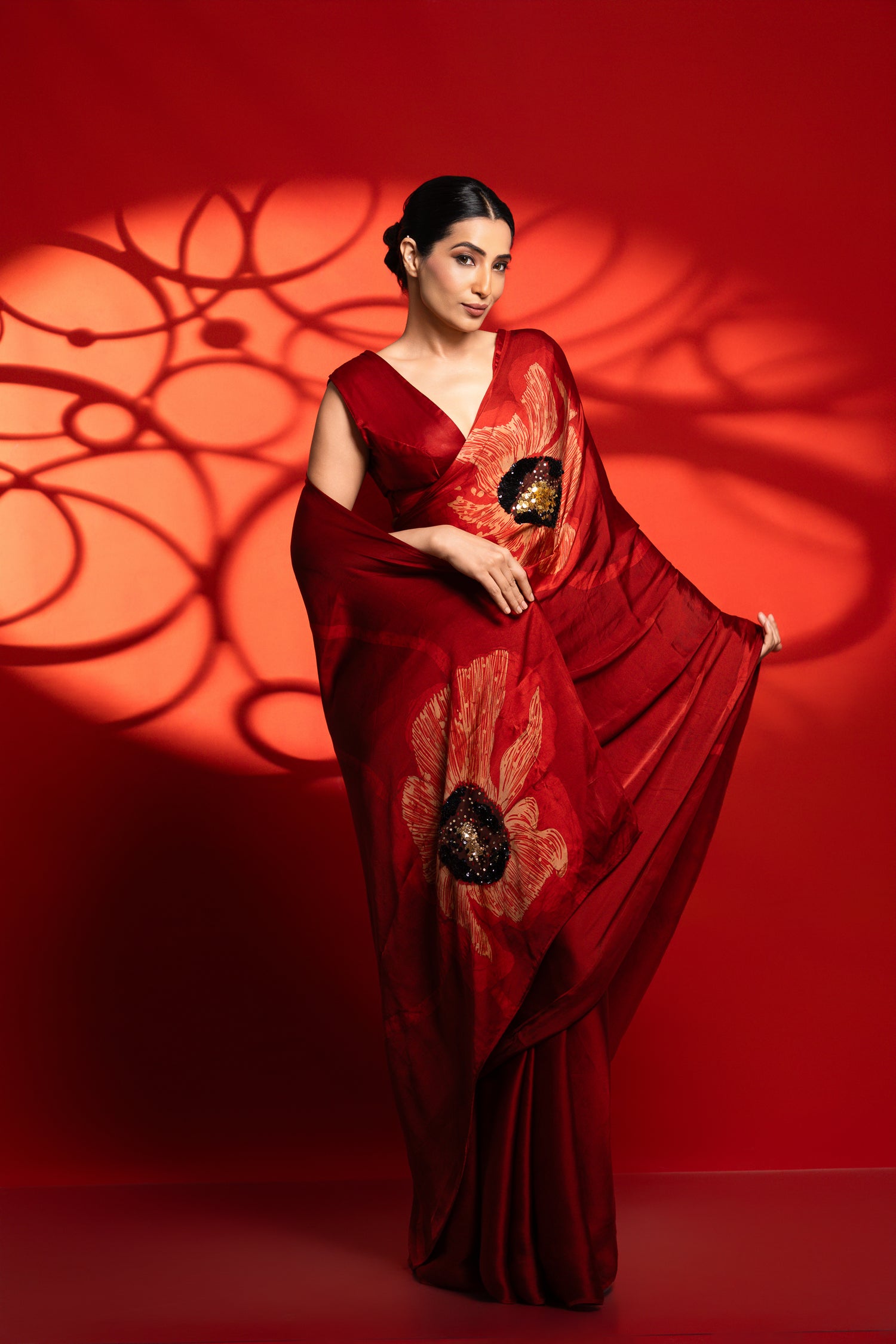 Riva – Red & Gold Big Floral Saree with Sequins