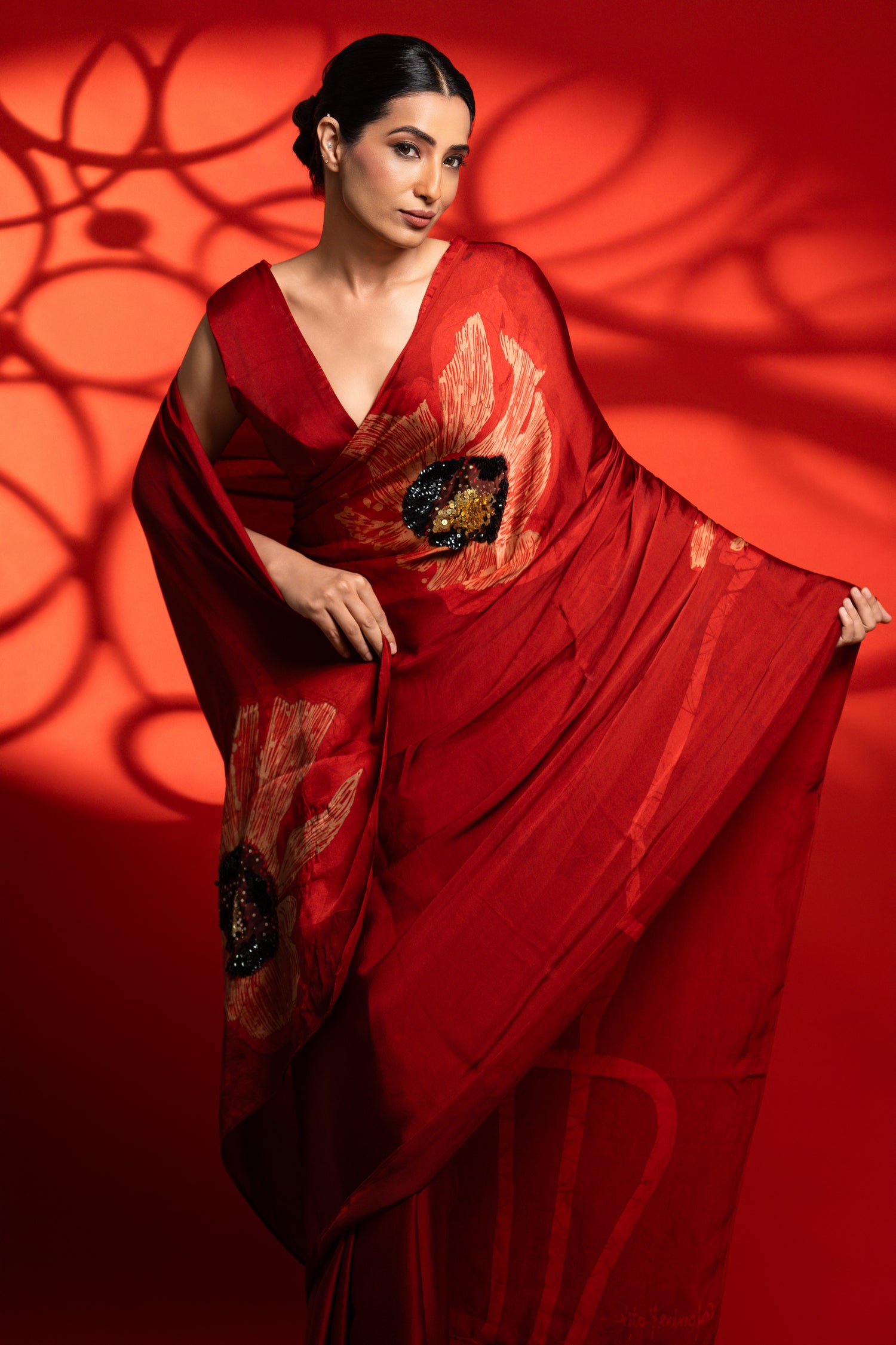 Riva – Red & Gold Big Floral Saree with Sequins