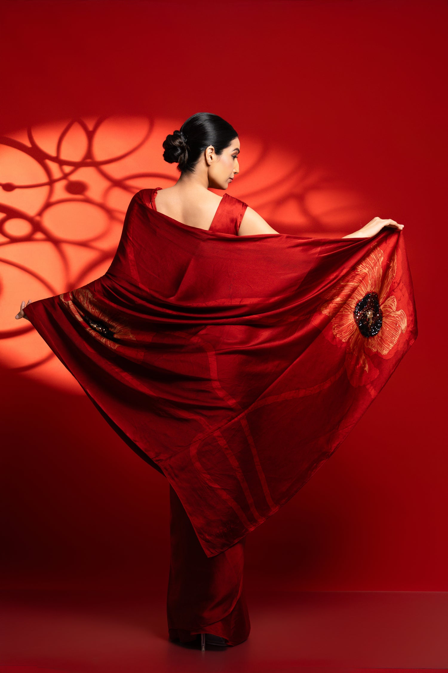 Riva – Red & Gold Big Floral Saree with Sequins