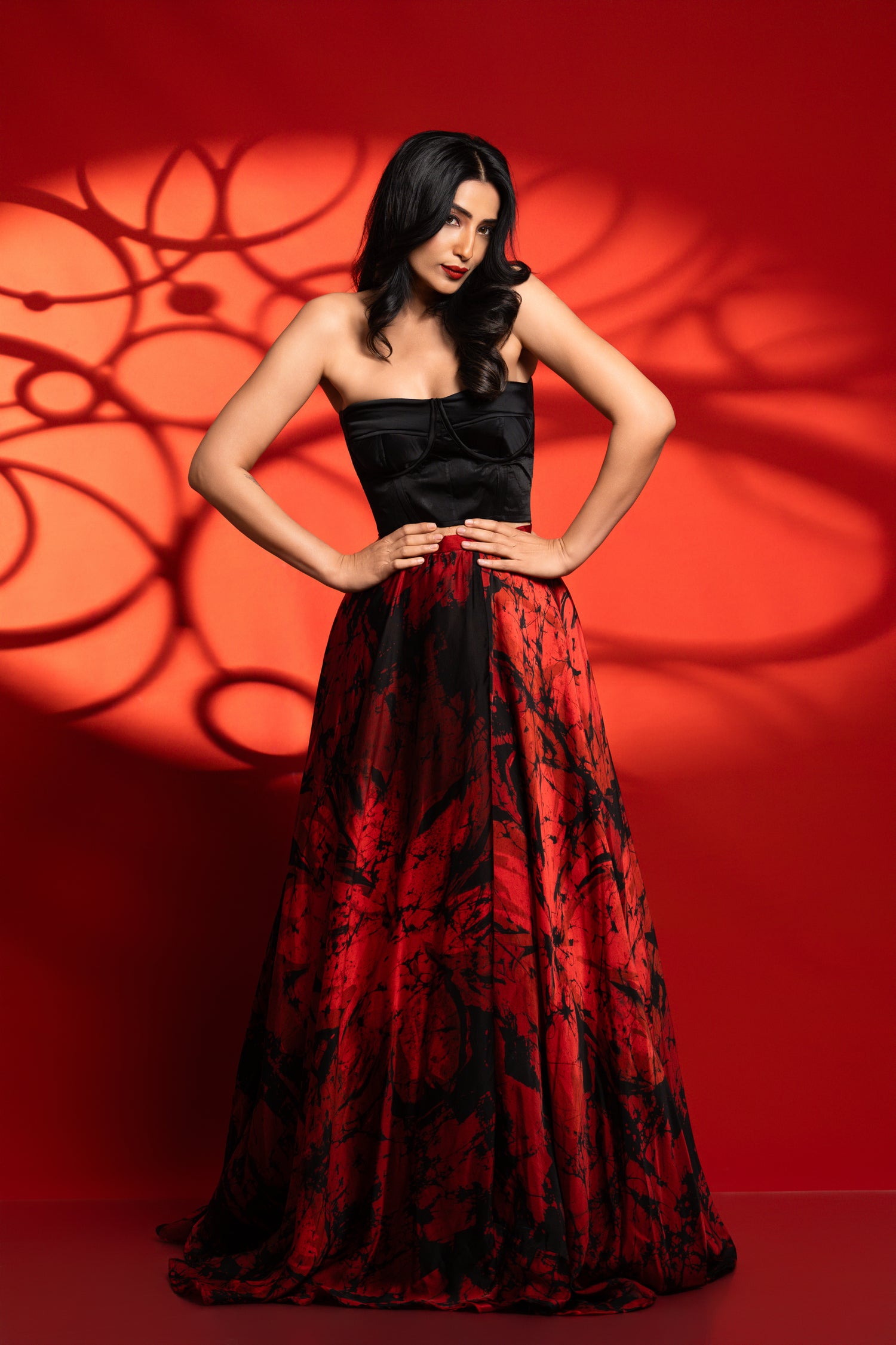Aadhira — Black & Red Floral Abstract Lehenga