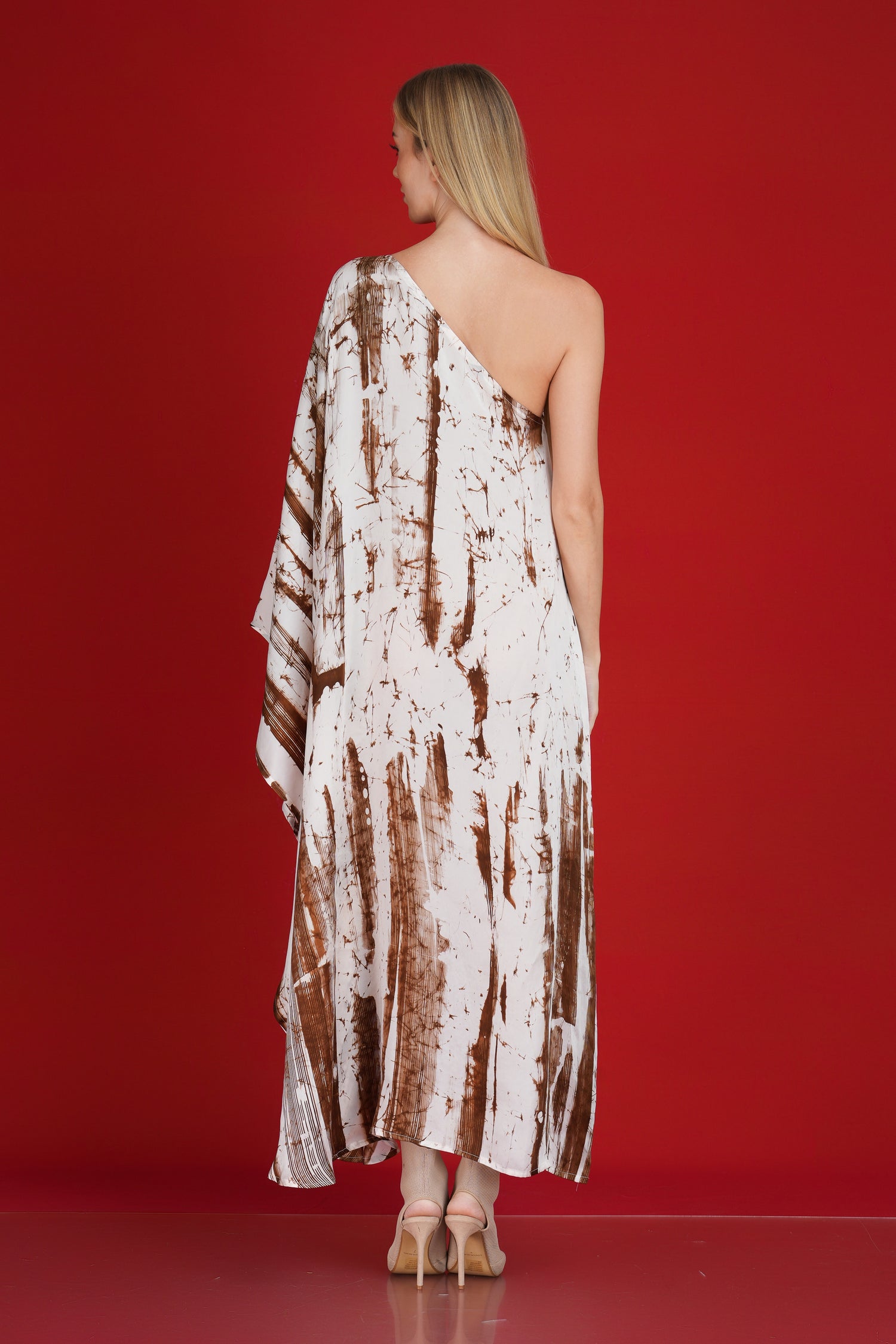 Brown & White Abstract Harmony One Shoulder Dress