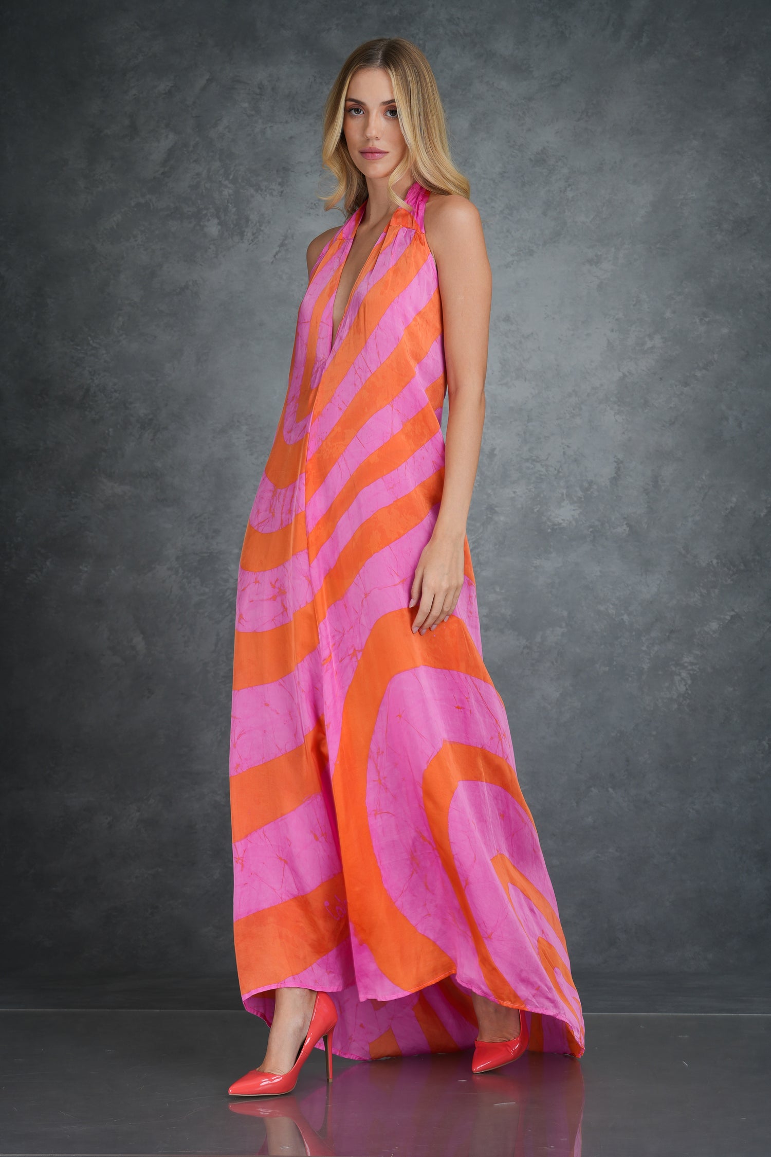 Orange & Pink Backless Maxi Dress