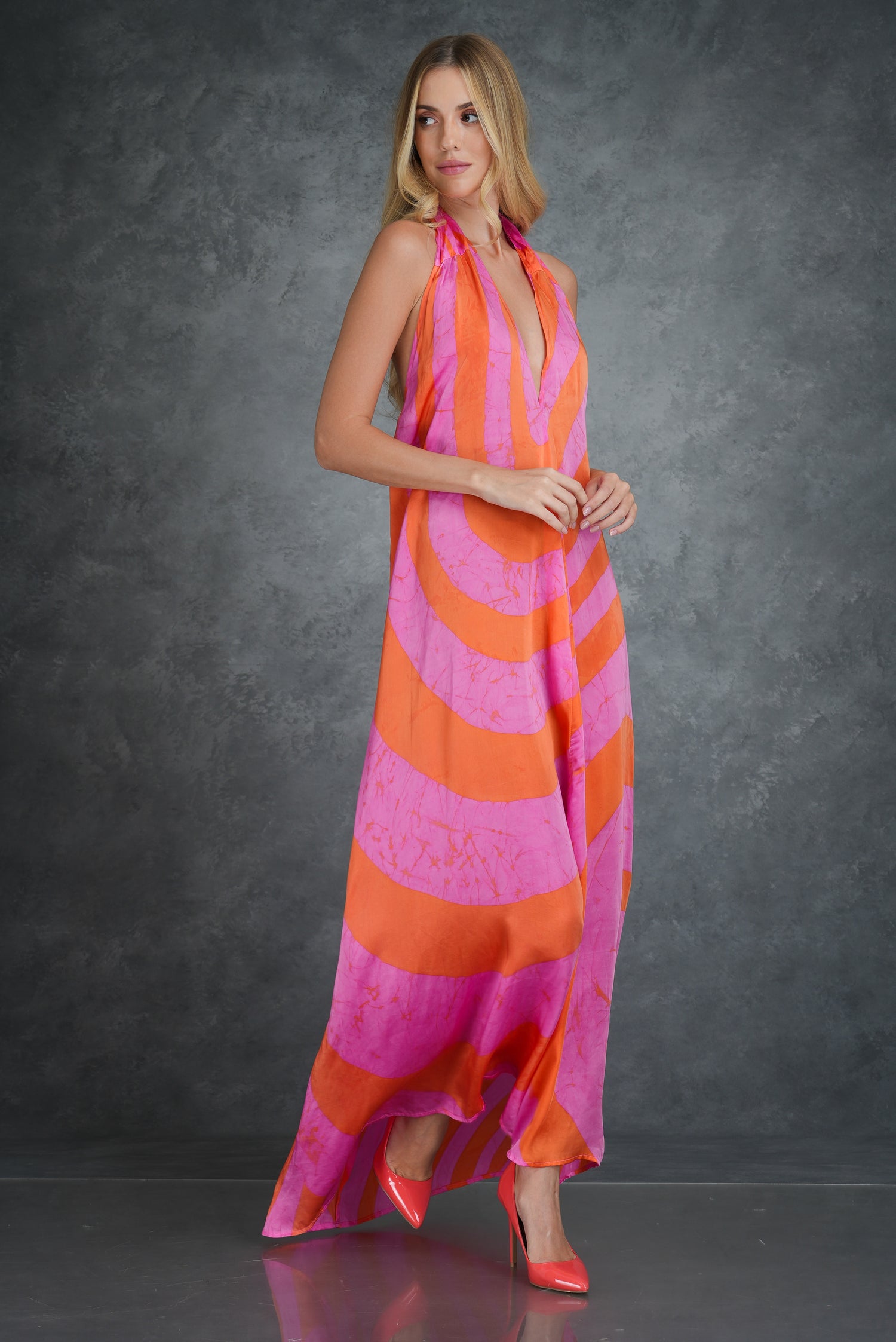 Orange & Pink Backless Maxi Dress