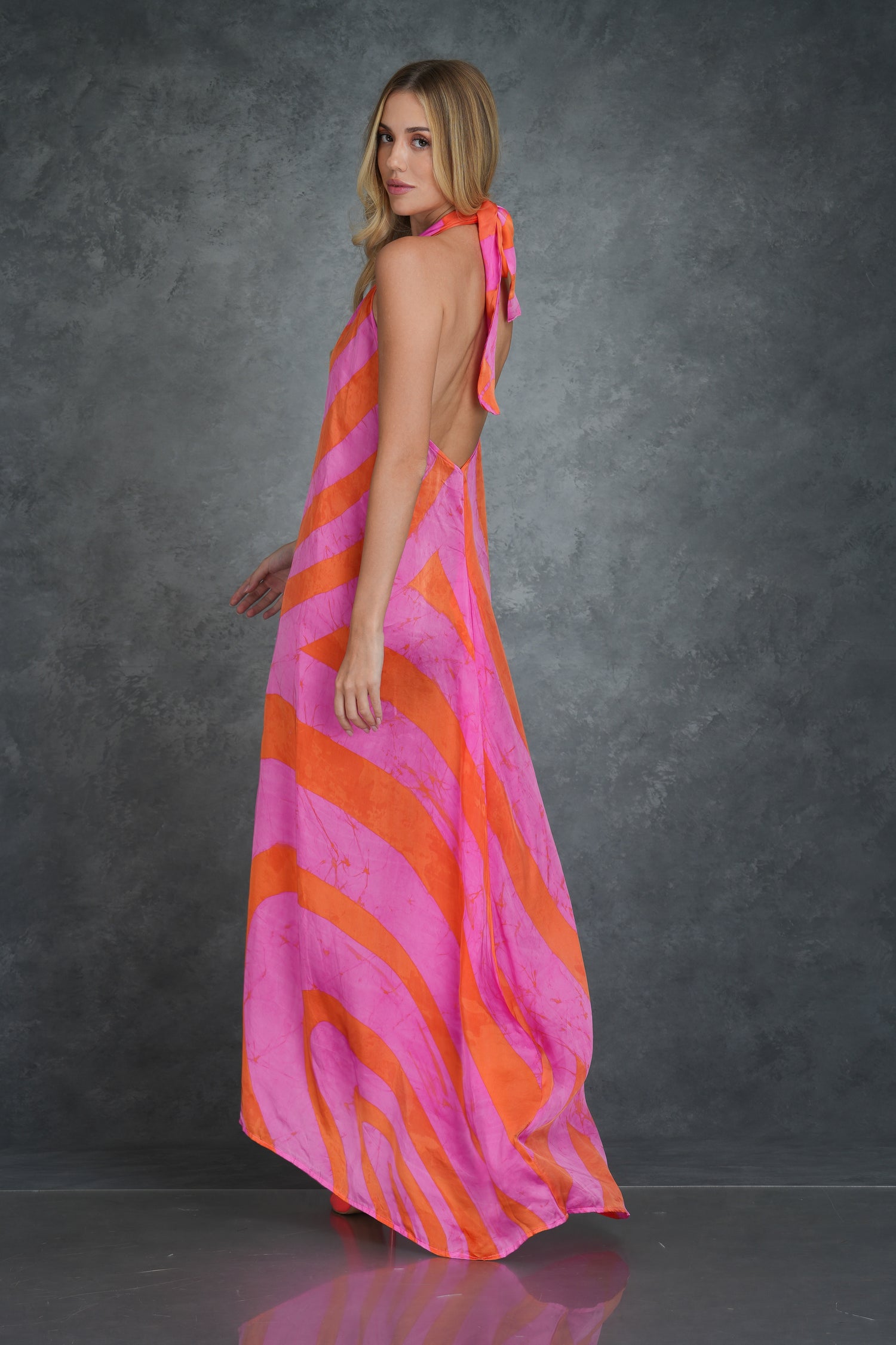 Orange & Pink Backless Maxi Dress