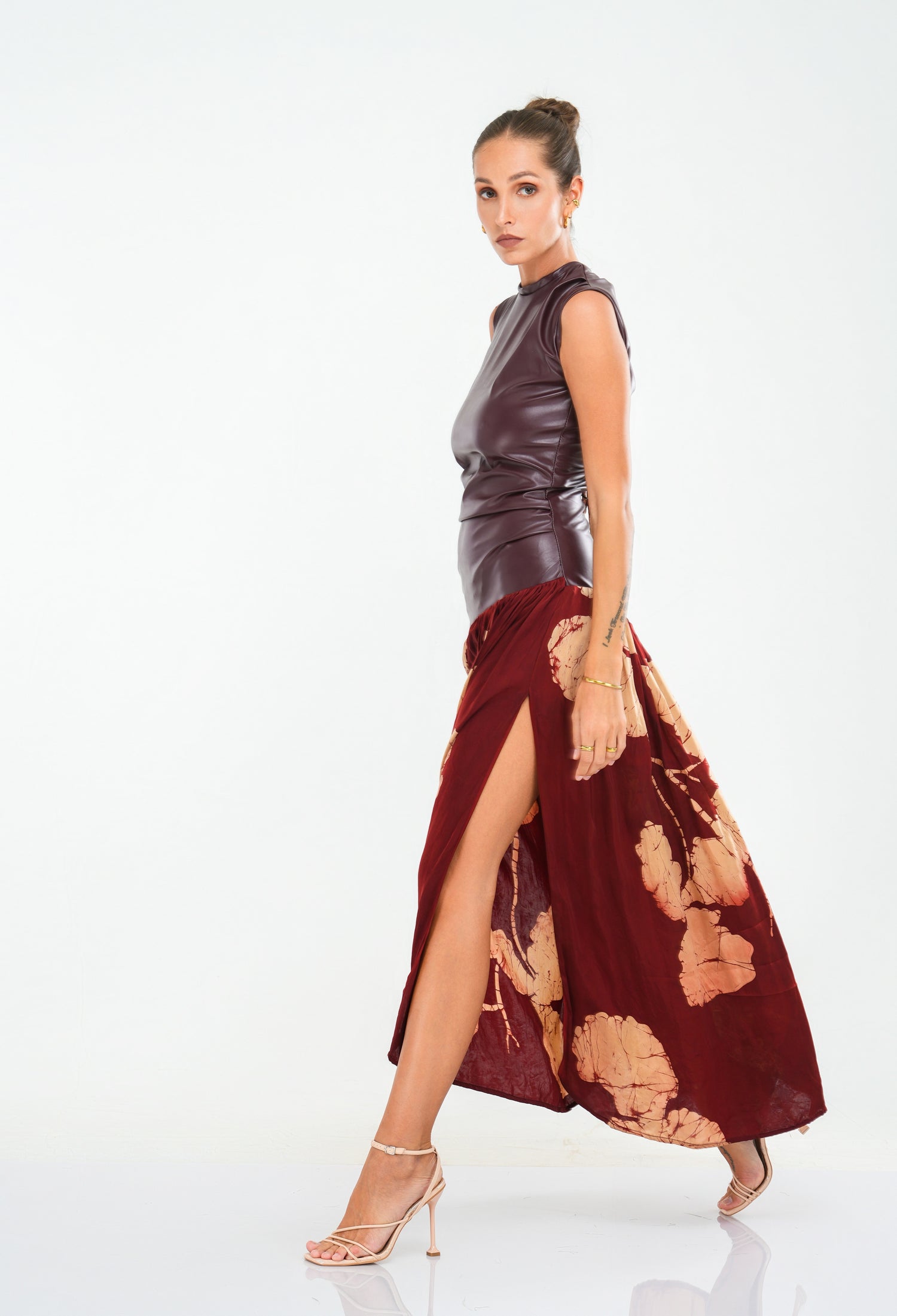 Leather & Silk Fusion Sleeveless Long Dress PRE-ORDER