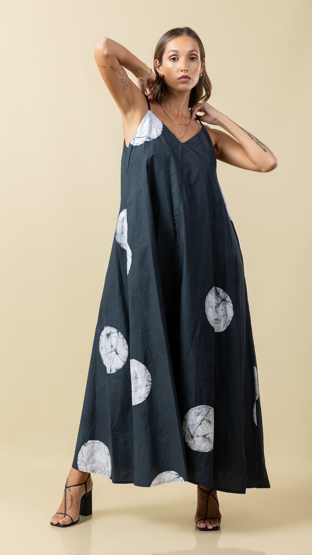 Black Polka Dot Perfection: Versatile Long Strap Dress