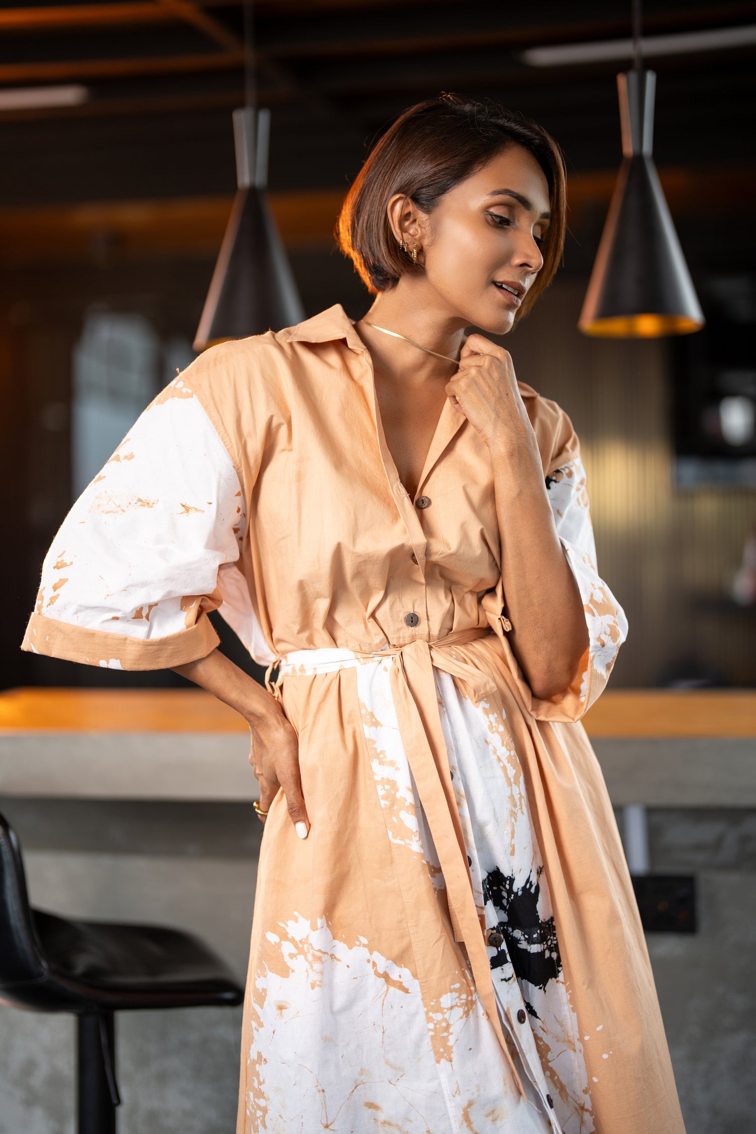 Petal Print Beige Shirt Dress