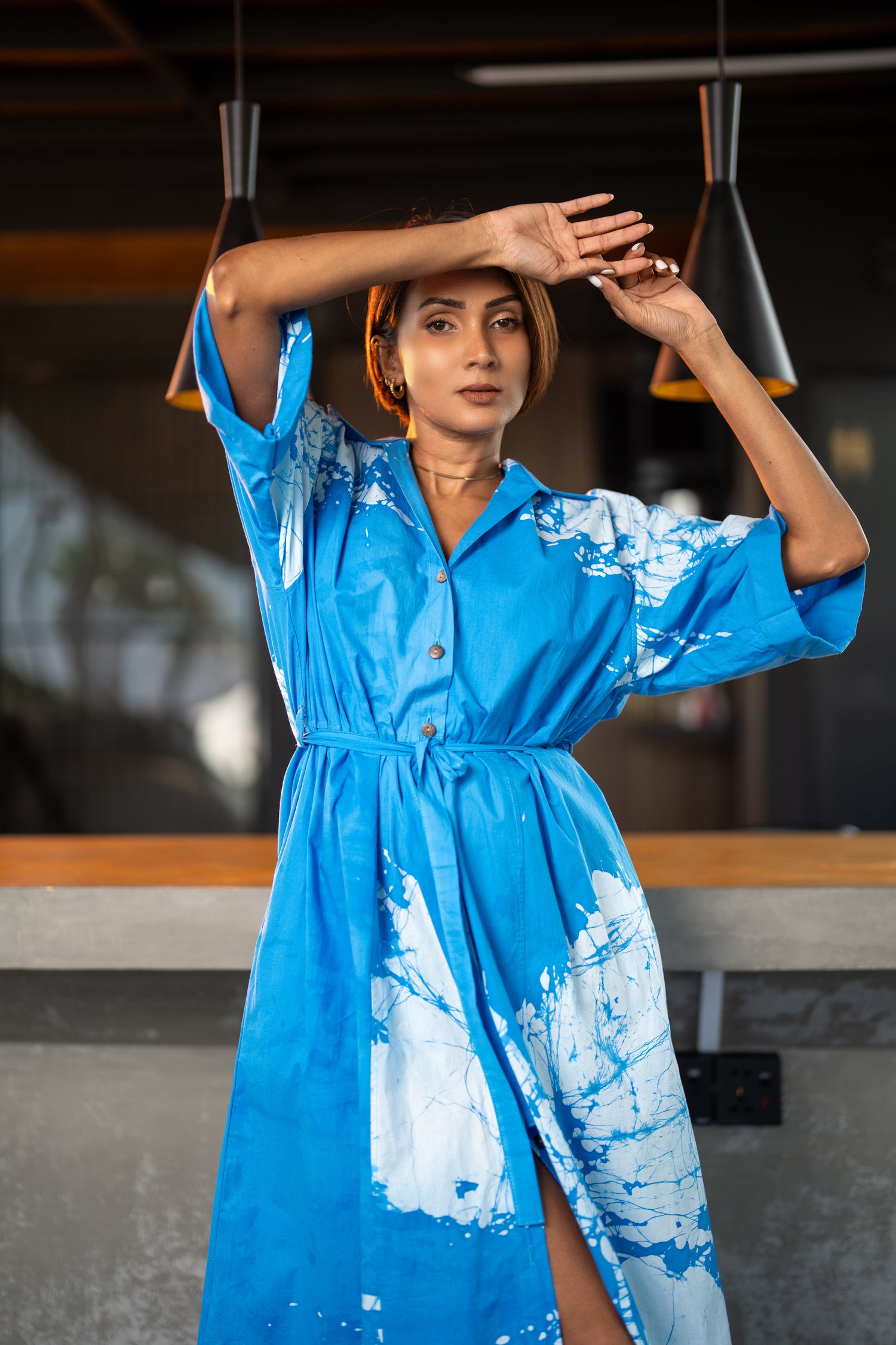 Petal Print Blue Shirt Dress