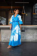 Petal Print Blue Shirt Dress