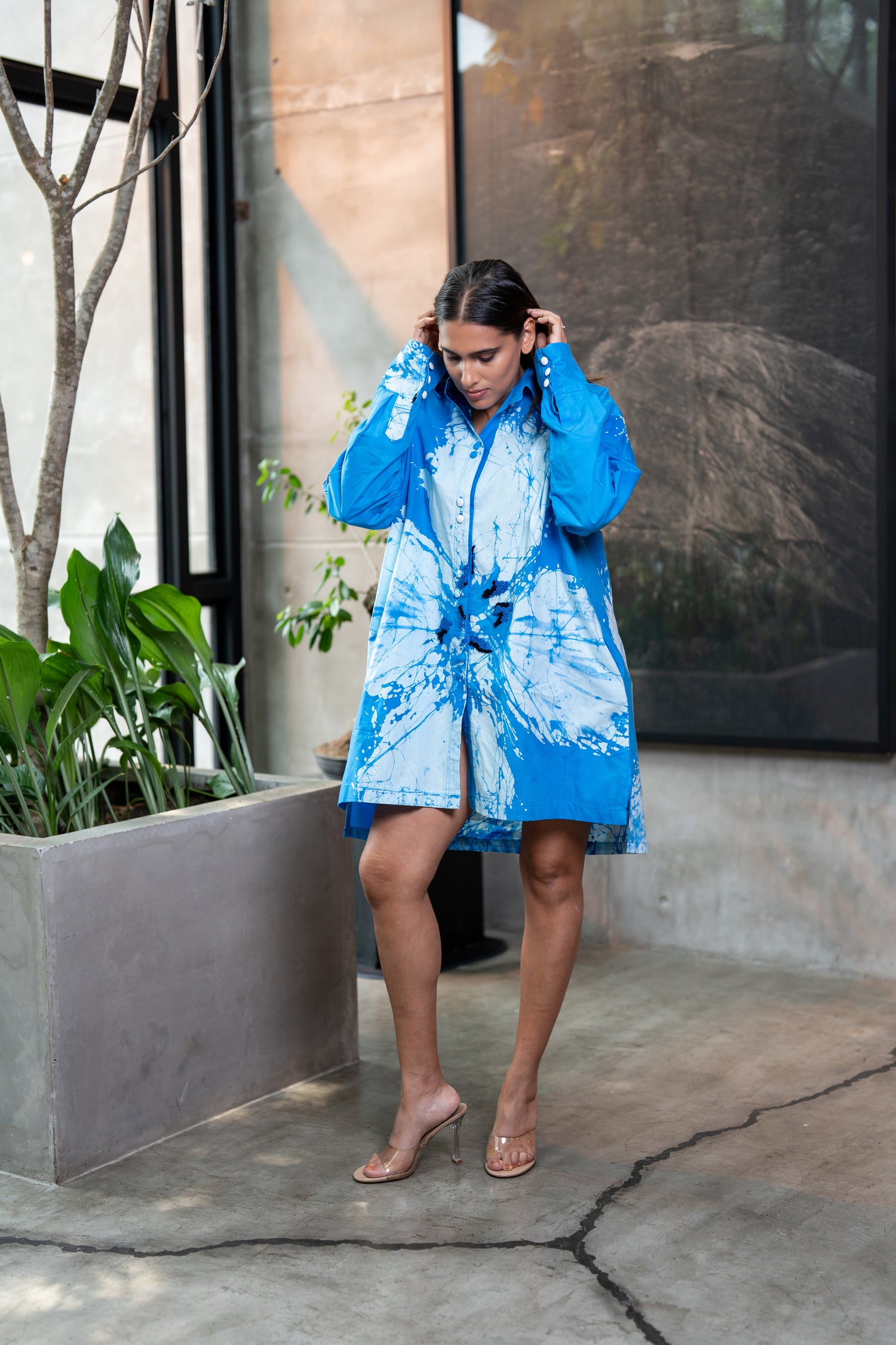 Azure Bloom – Blue Embroidered Petal Short Shirt Dress