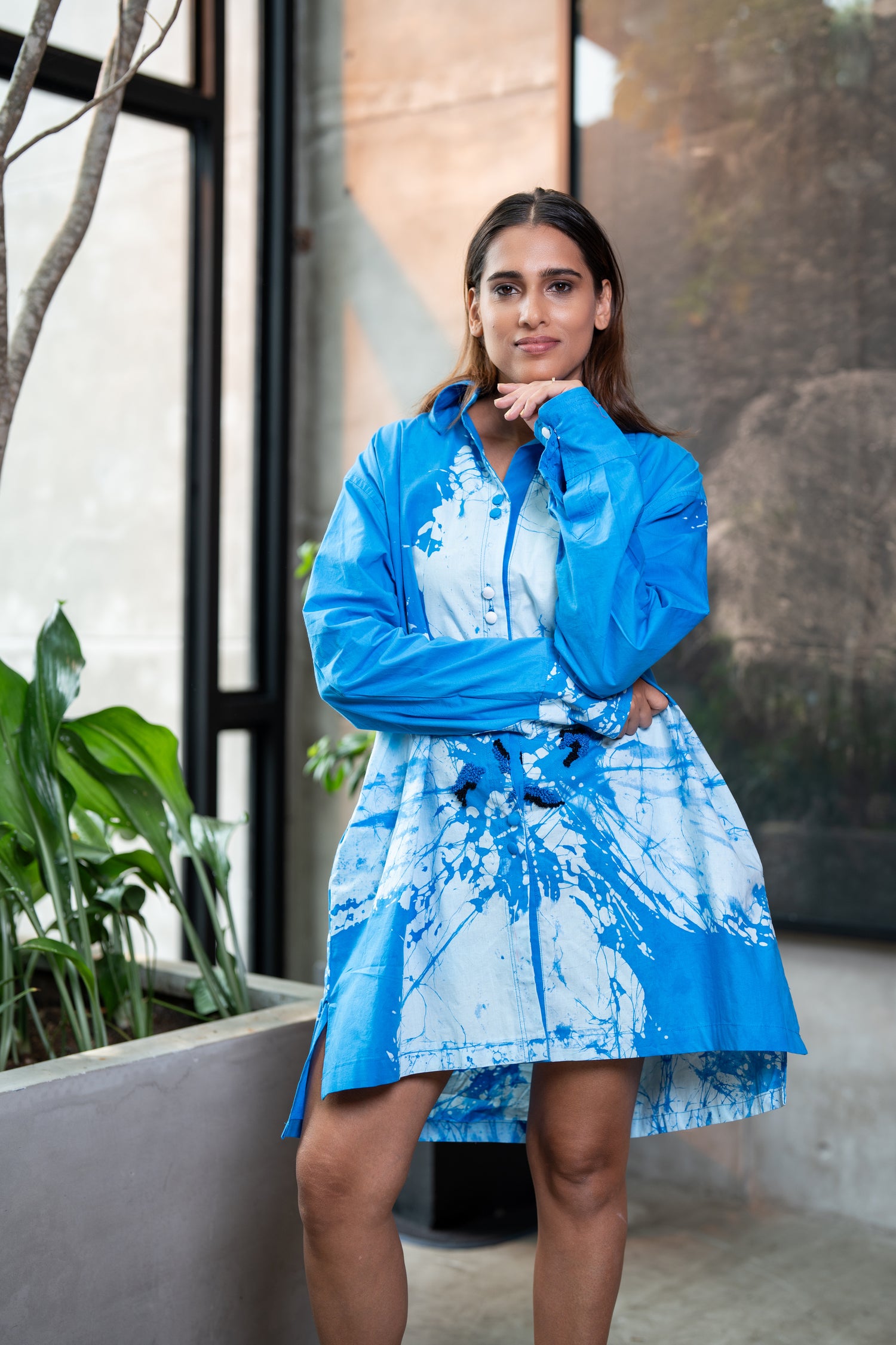 Azure Bloom – Blue Embroidered Petal Short Shirt Dress