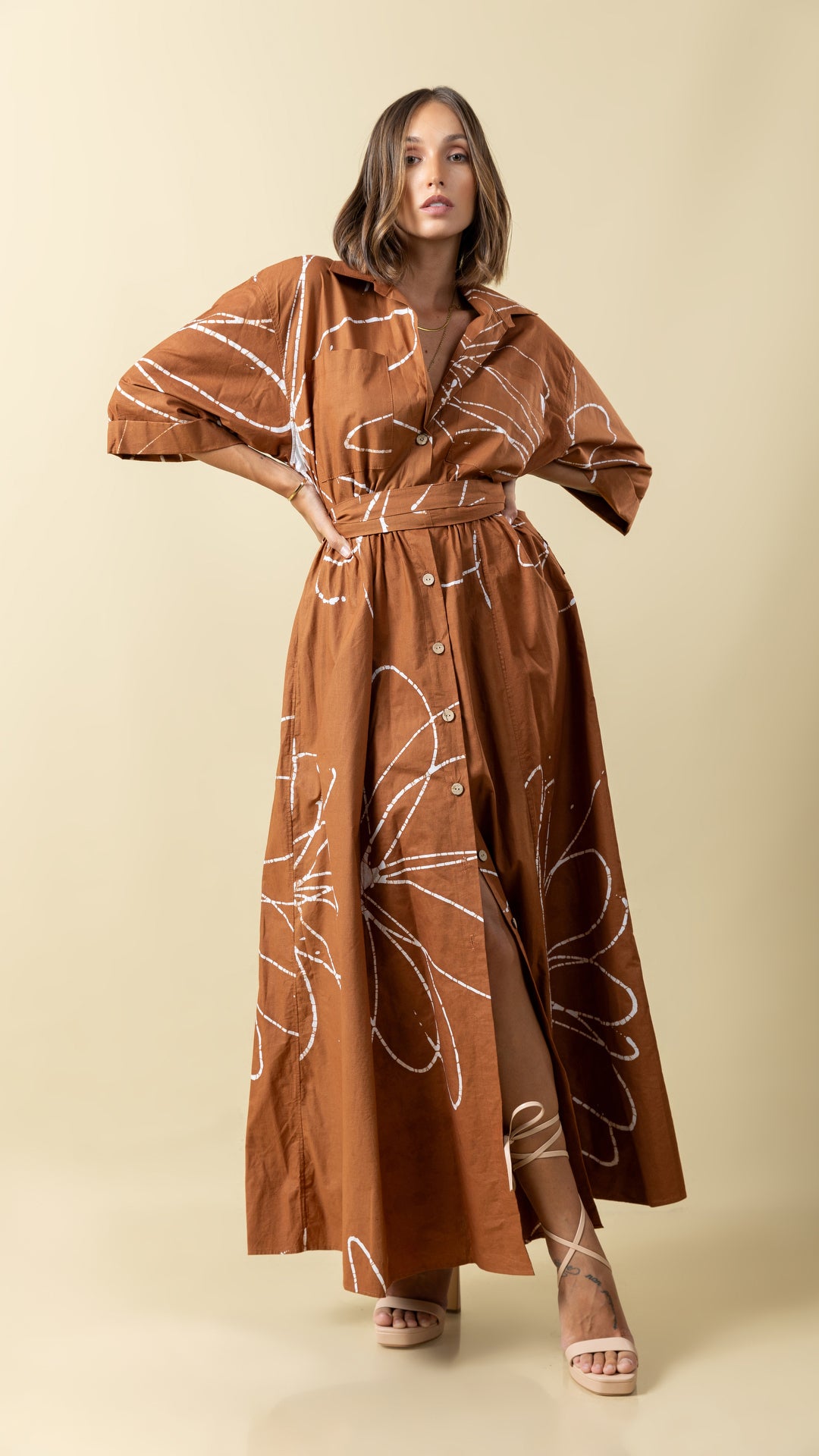 Cotton Breeze: Brown Short Sleeve Long Dress