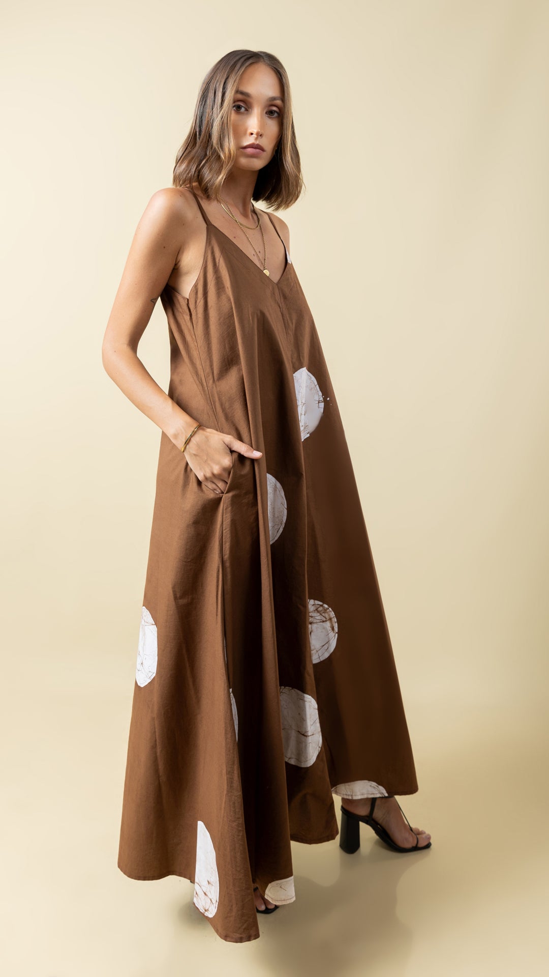Brown Polka Dot Perfection: Versatile Long Strap Dress