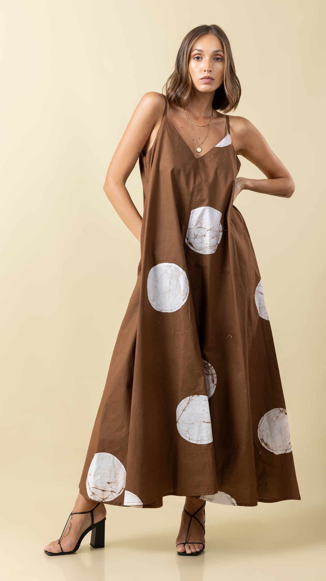 Brown Polka Dot Perfection: Versatile Long Strap Dress