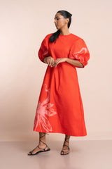 Crimson Bloom Puff Sleeve Dress