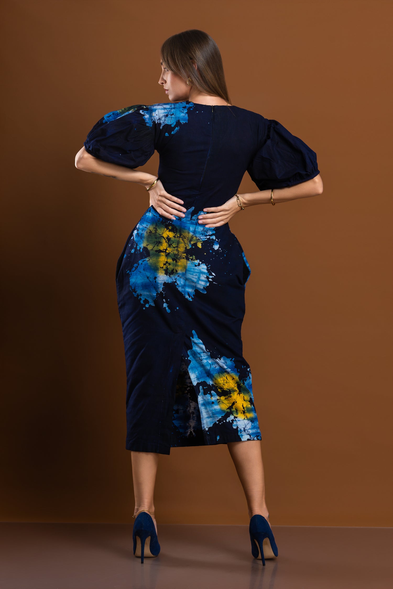 Celestial Bloom Dress – Blue Abstract Floral Pencil Dress with Puff Sleeves