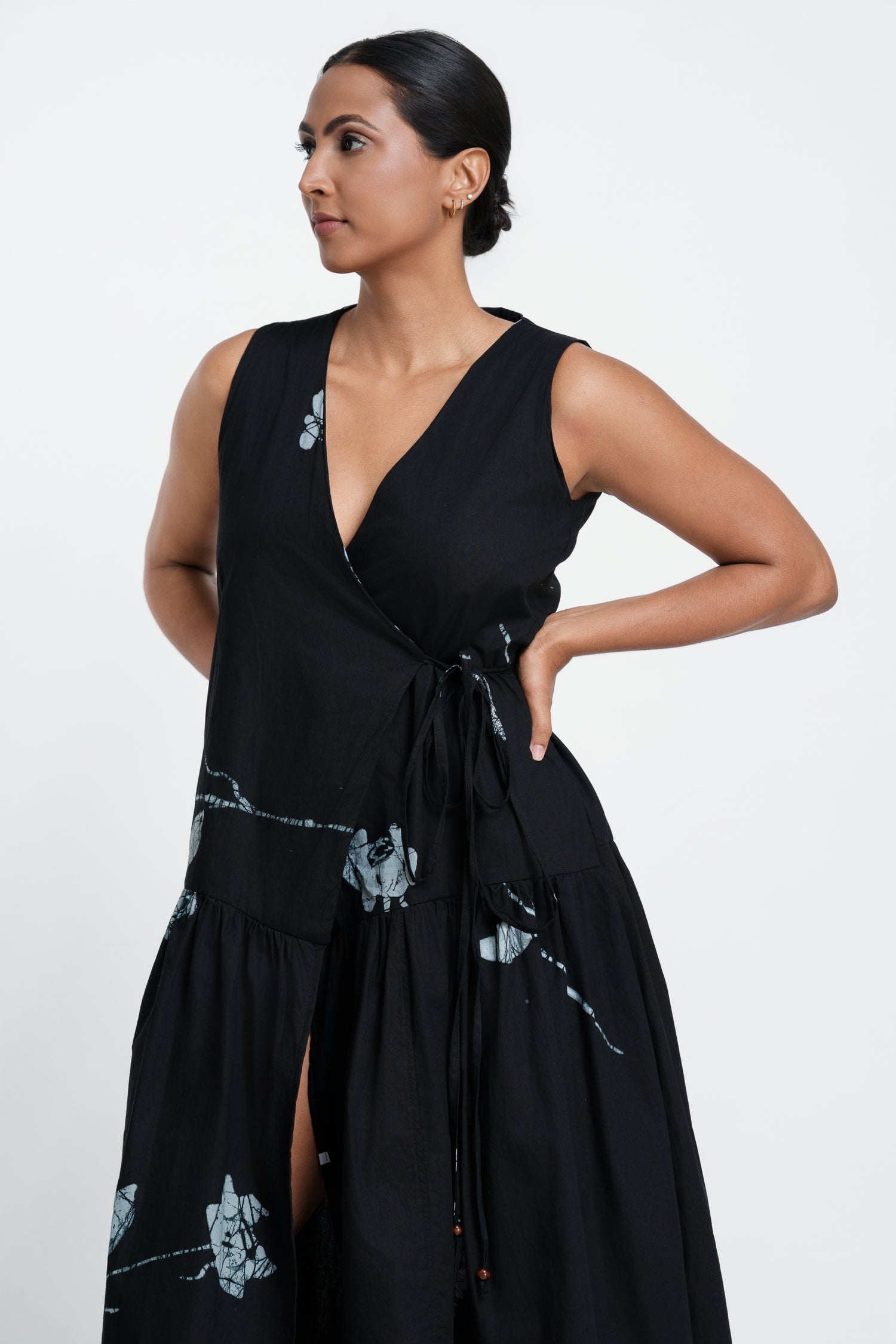 Black Roses Wrap Midi Dress