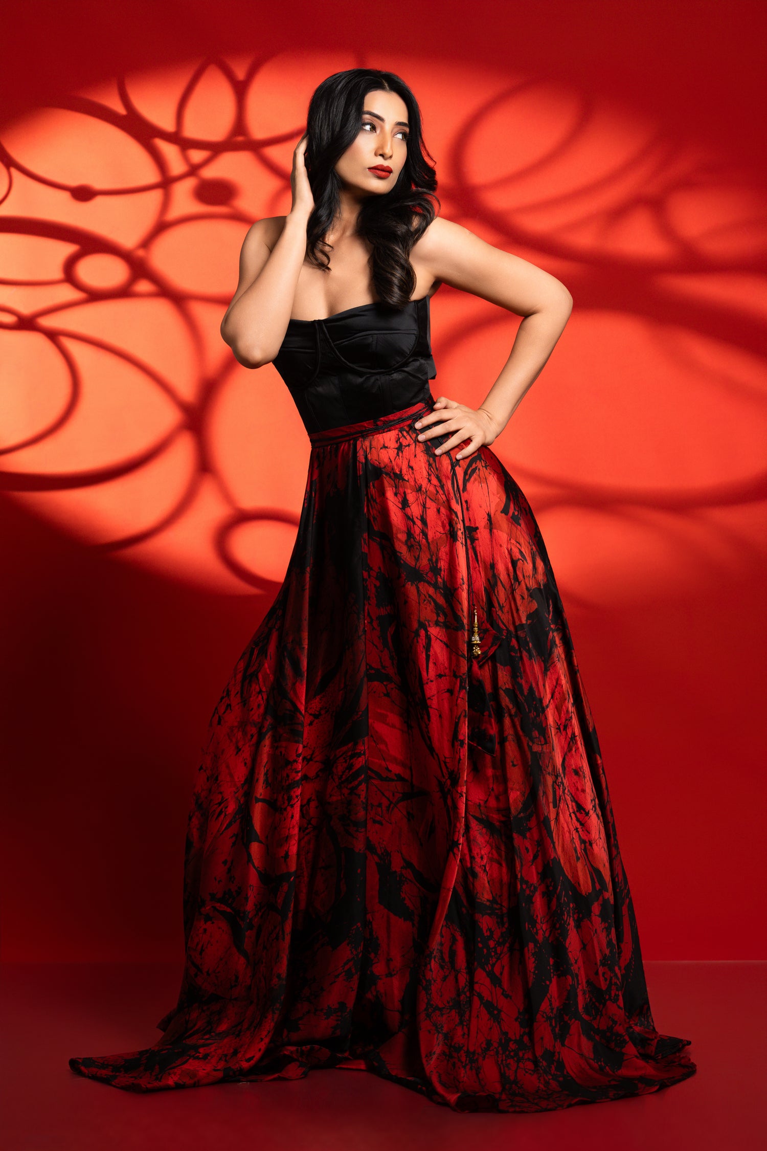 Aadhira — Black & Red Floral Abstract Lehenga