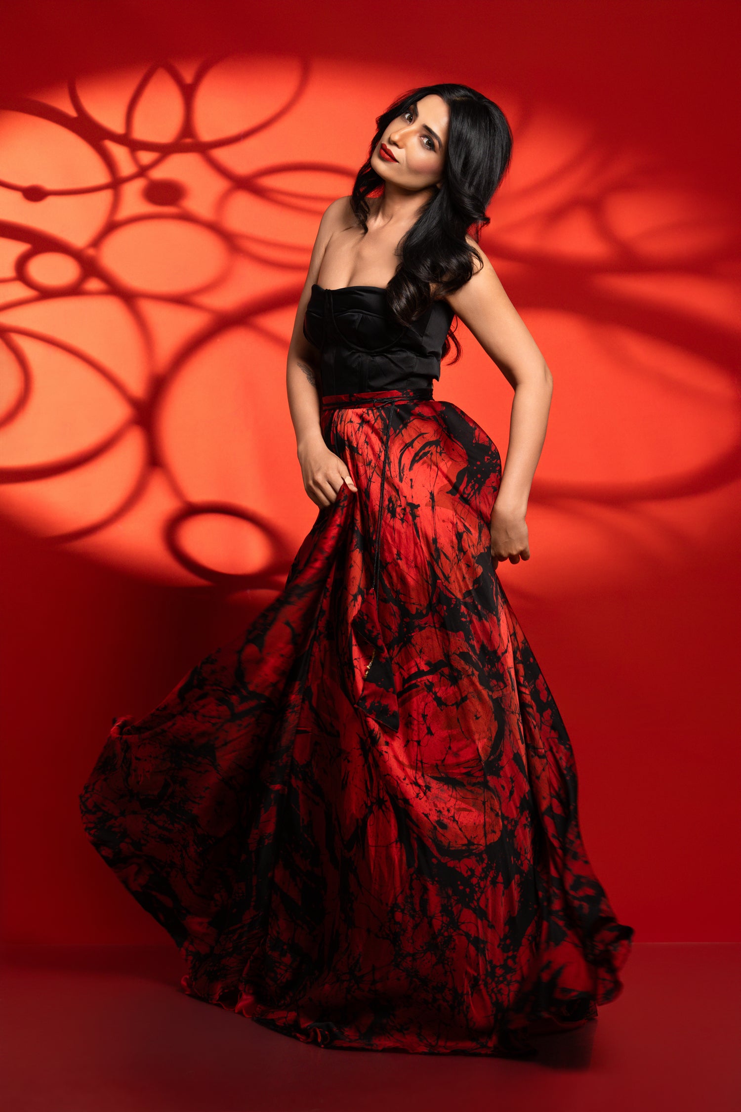 Aadhira — Black & Red Floral Abstract Lehenga
