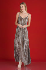 Brown Stripe Elegance Backless Dress
