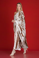 Brown & White Abstract Harmony One Shoulder Dress