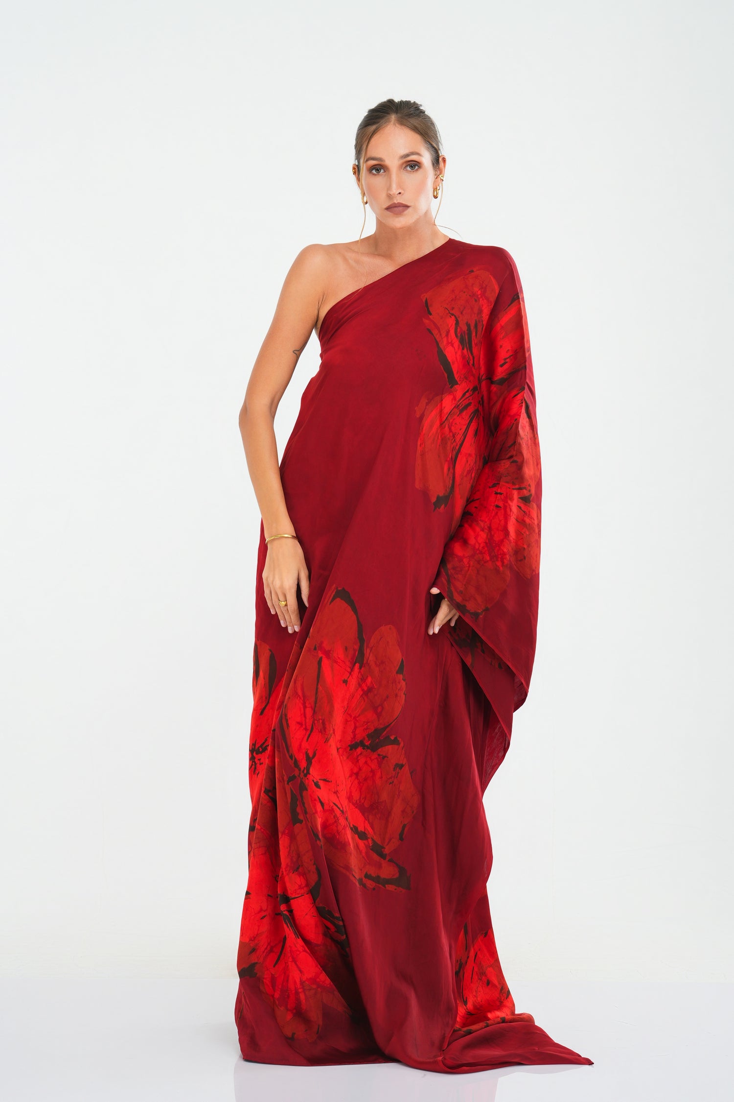 Burgundy Bloom One-shoulder Dress