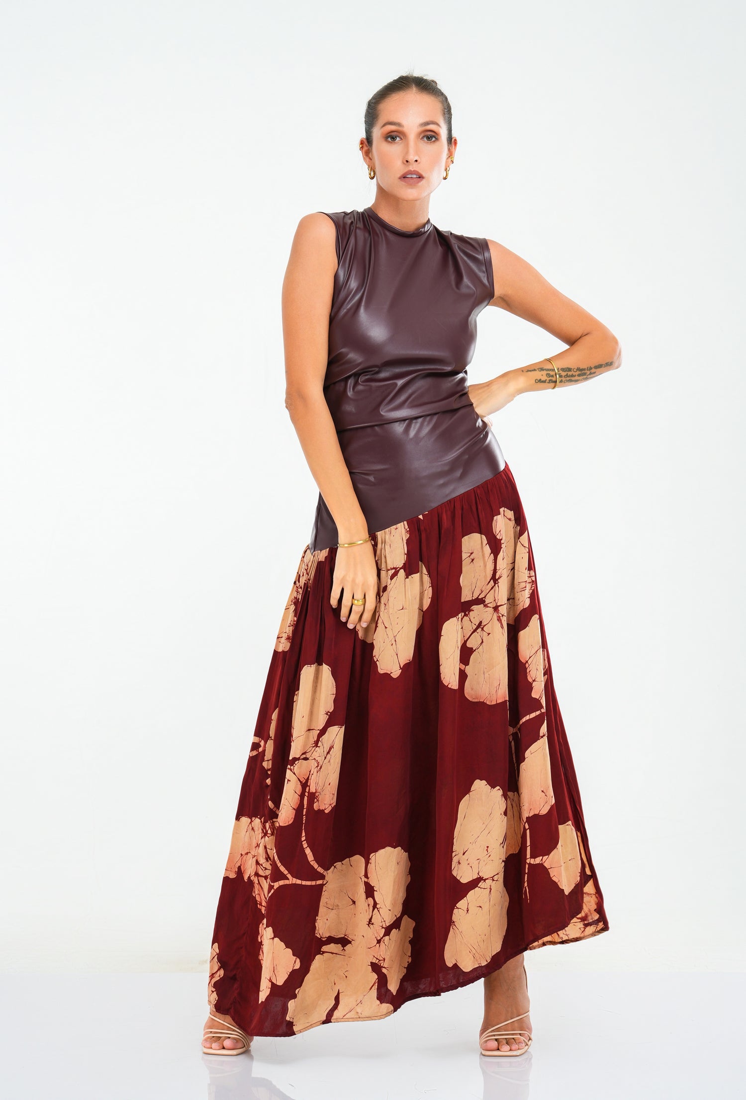 Leather & Silk Fusion Sleeveless Long Dress